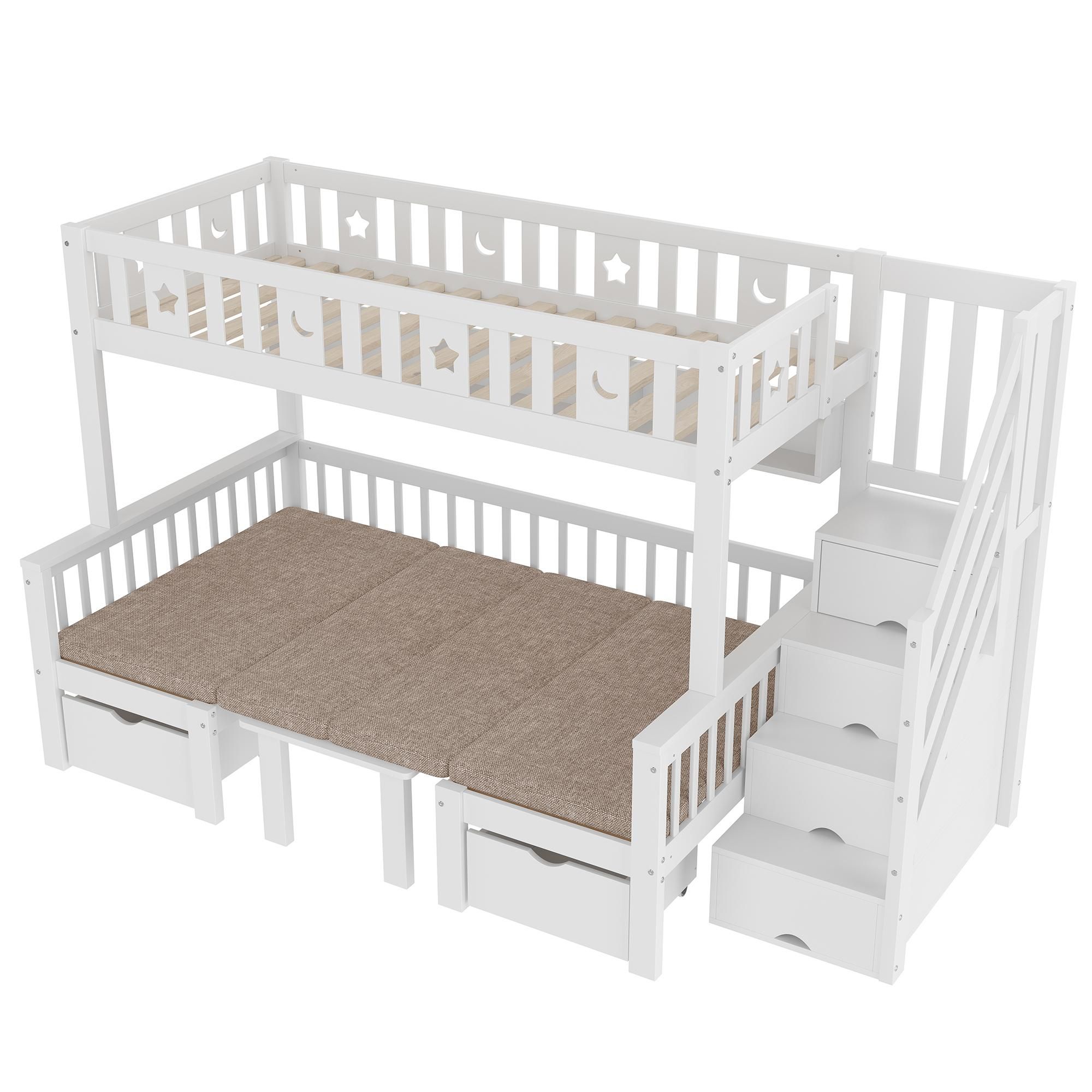 Flieks Etagenbett 90x200cm / 120x200cm mit Schubladen, Kinderbett Hochbett mit Schreibtisch, Stuhl und Sitzkissen, Stockbett Holzbett 2 Kinder, Weiß