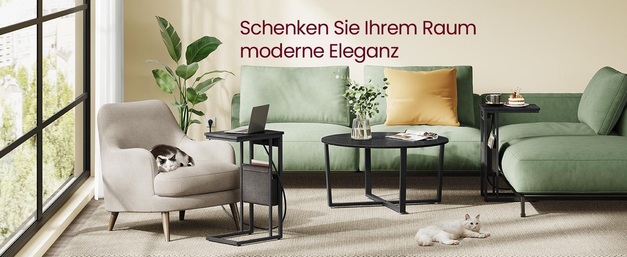 VASAGLE Beistelltisch mit Steckdosen, C Form für kleine Räume, 2 USB-Anschlüsse