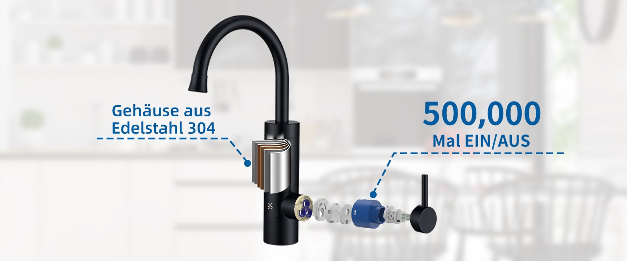 Homelody Elektrische Küchenarmatur mit Durchlauferhitzer, Smart Heater Spültischarmatur 360° drehbar, Schwarz Wasserhahn mit LED Temperaturanzeige
