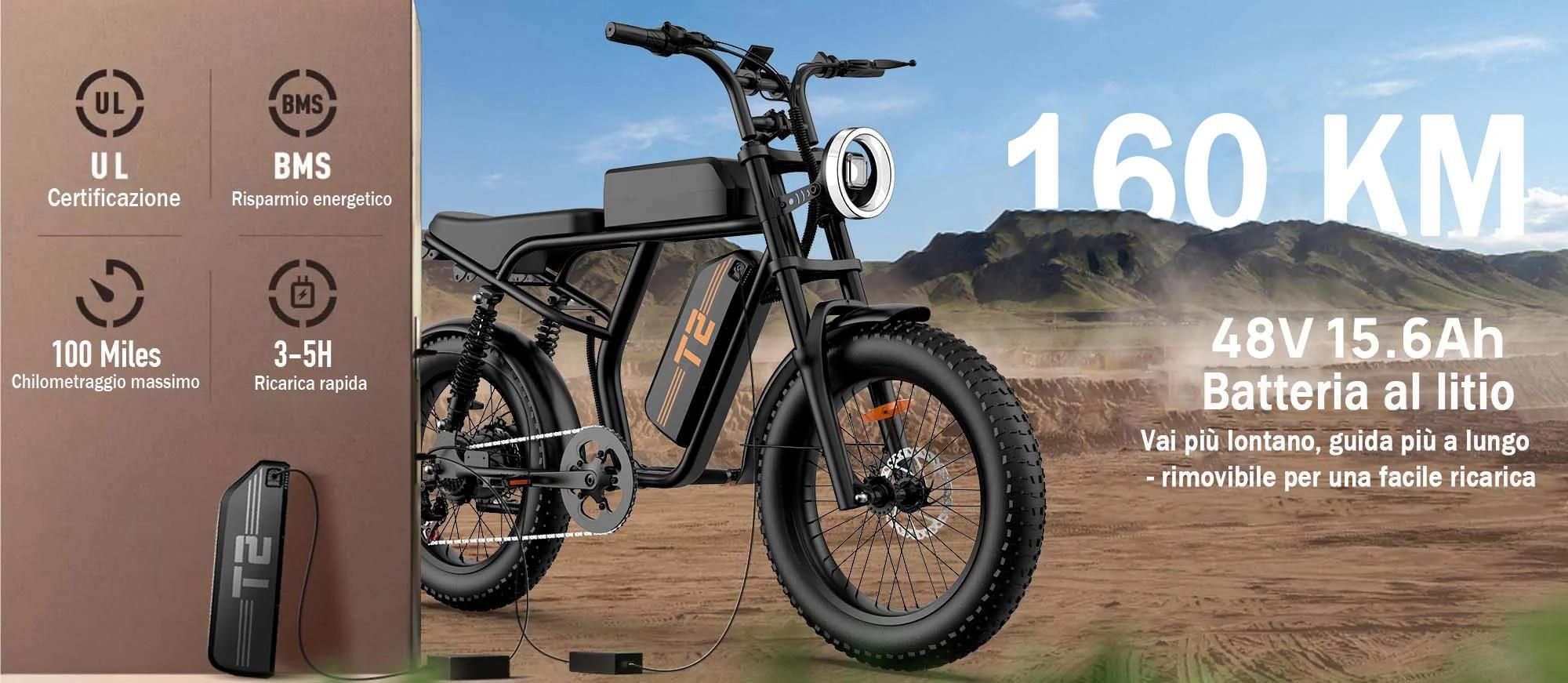 URLIFE T2 E-Bike - Motore 250W Batteria 48V 15.6Ah Freni a disco Trittunterstützung - Nero