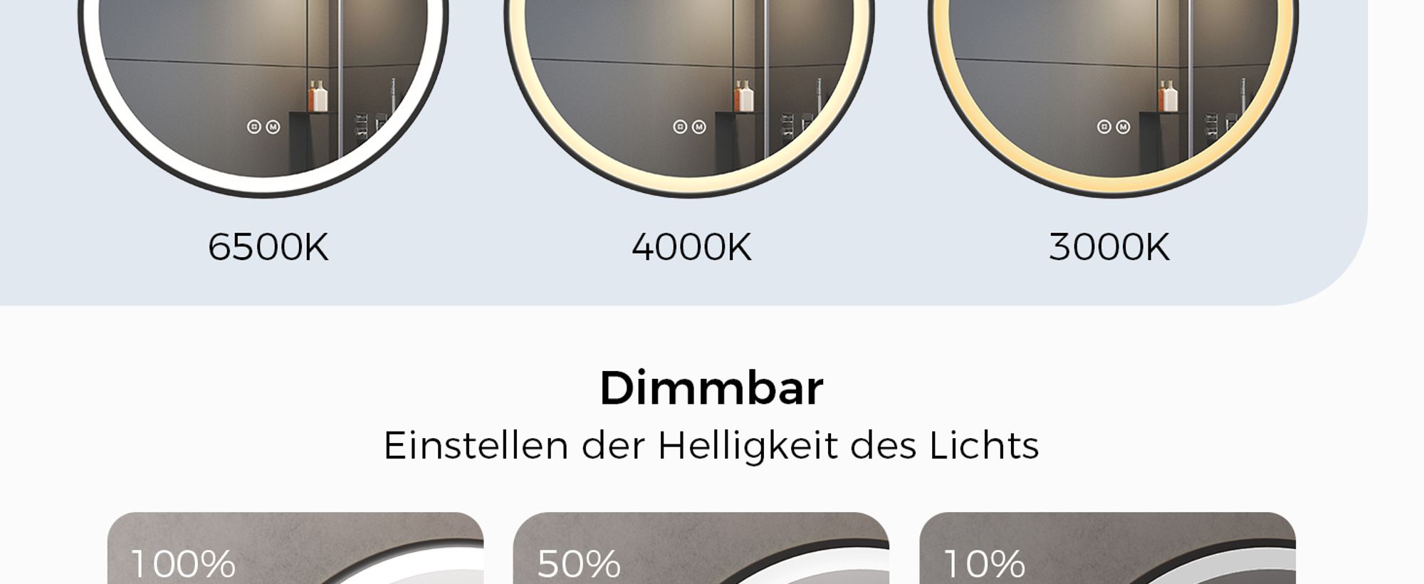 Heilmetz Rund Spiegel 50cm Badspiegel mit Beleuchtung Wandspiegel Dimmbar 3 Lichtfarbe LED Badezimmerspiegel mit Touchschalter Lanyard Aufhängung