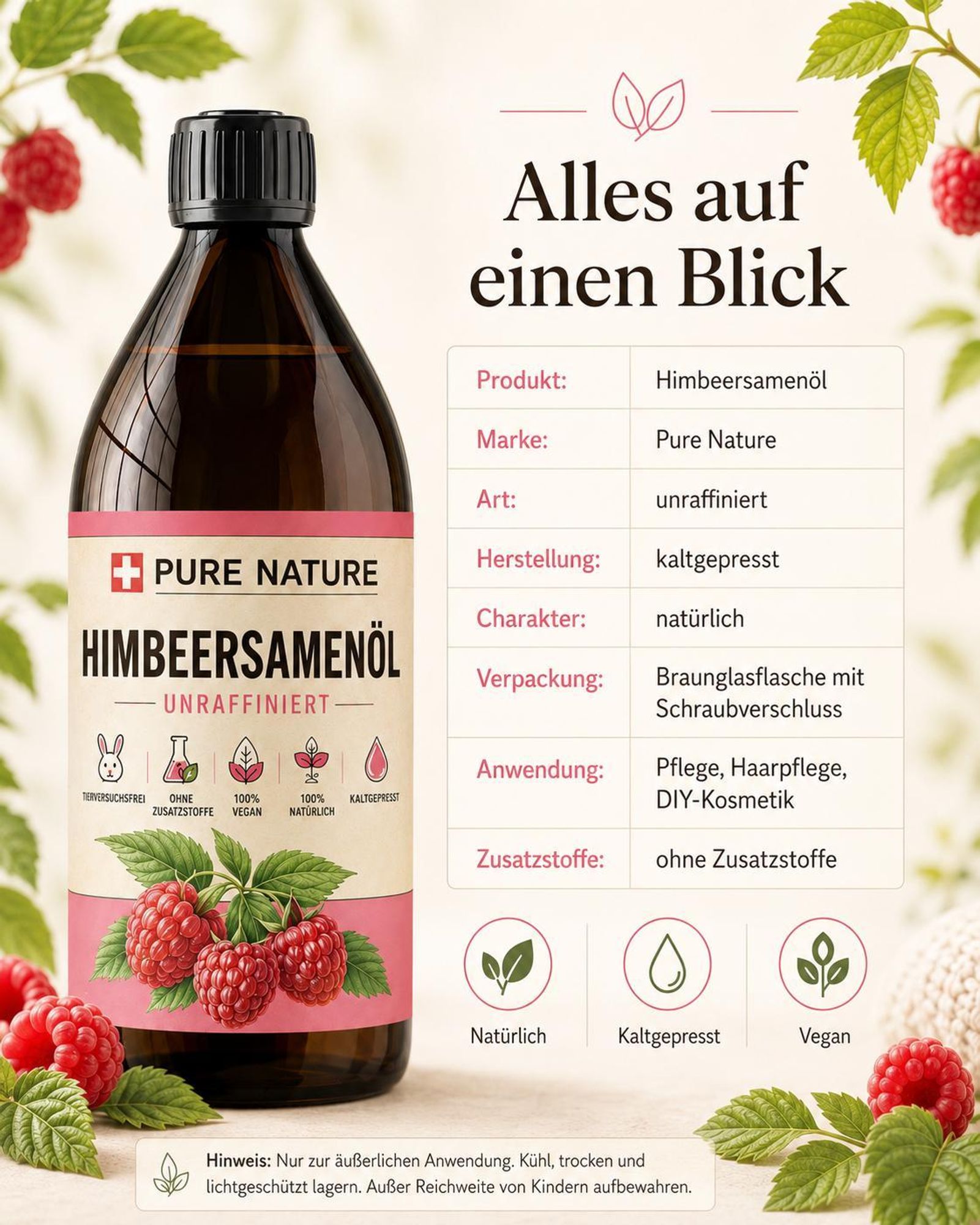 PURE CHEMICAL | Himbeersamenöl | unraffiniert | natürlich | kaltgepresst + Spender | 1 L