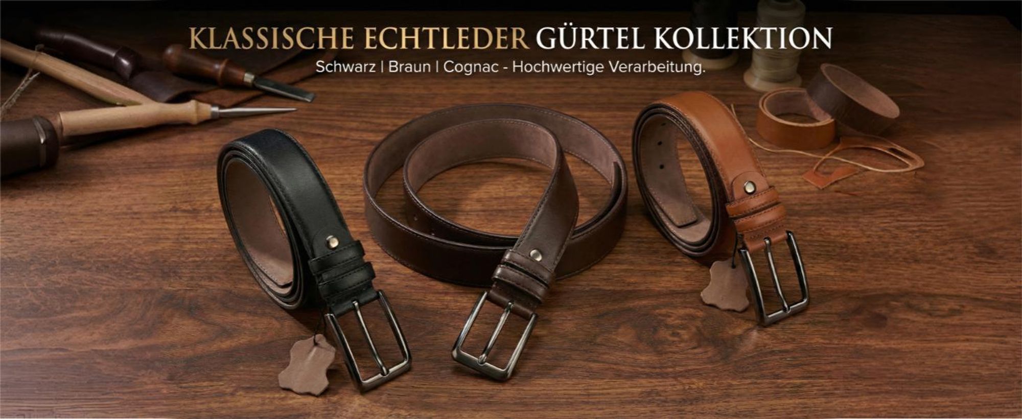 Klassische Echtleder Gürtel Kollektion in Schwarz, Braun, Cognac mit Werkzeug.