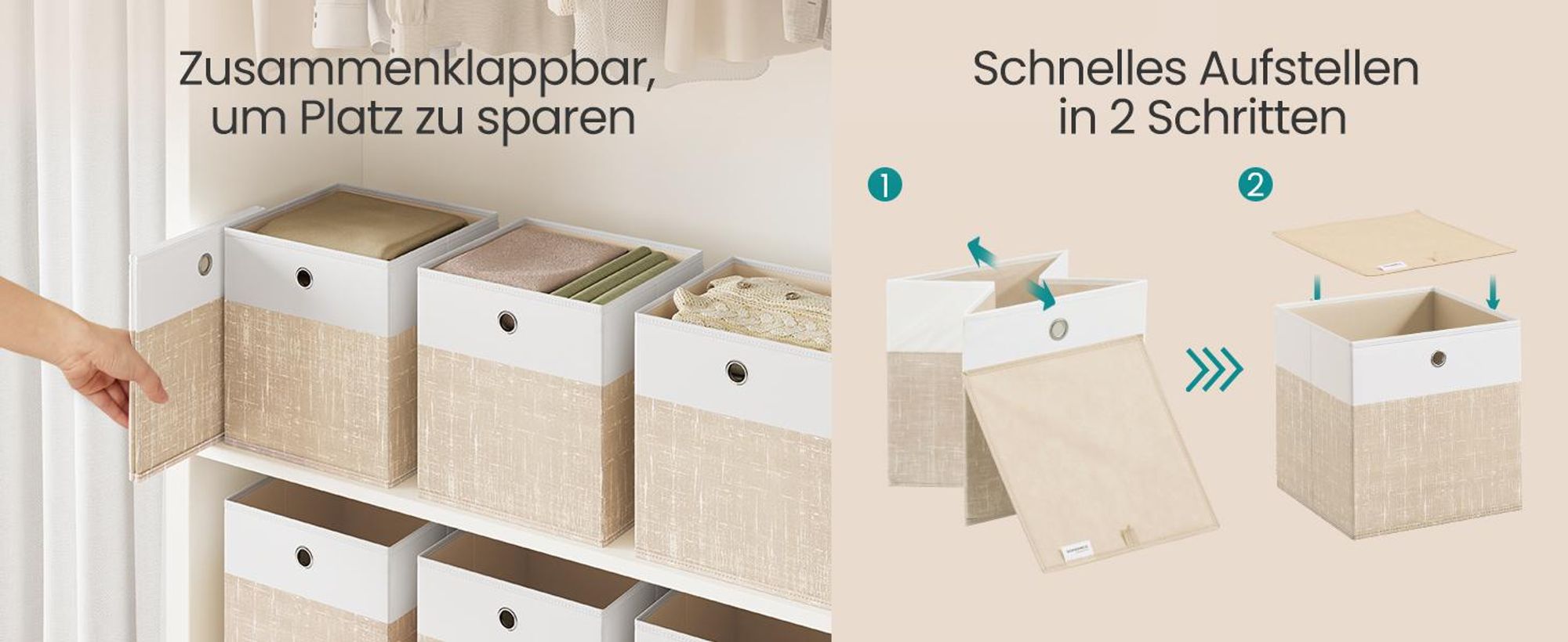 SONGMICS Aufbewahrungskörbe, 6er Set, faltbare Stoffboxen mit PP-Platten, für Regal, 26 x 26 x 28 cm, weiß-beige