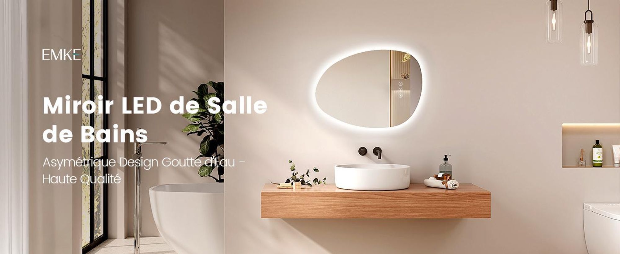 EMKE Miroir de salle de bain avec éclairage 75 x 55 cm Miroir de salle de bain à intensité variable avec 3 couleurs de lumière, miroir de salle de bain asymétrique avec antibuée, interrupteur tactile