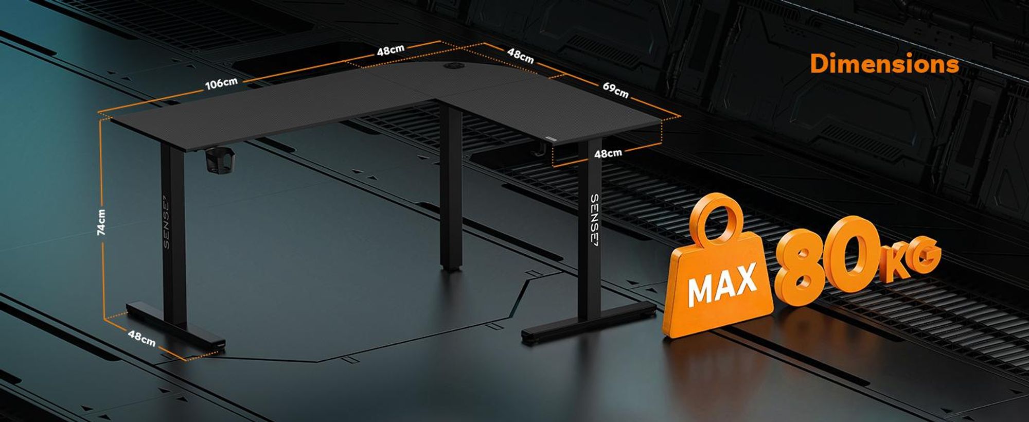 Bureau d'angle gaming Sense7 RONG, forme en L, 154x117 cm - Noir, aspect carbone, bureau pour ordinateur, idéal pour les joueurs et le télétravail