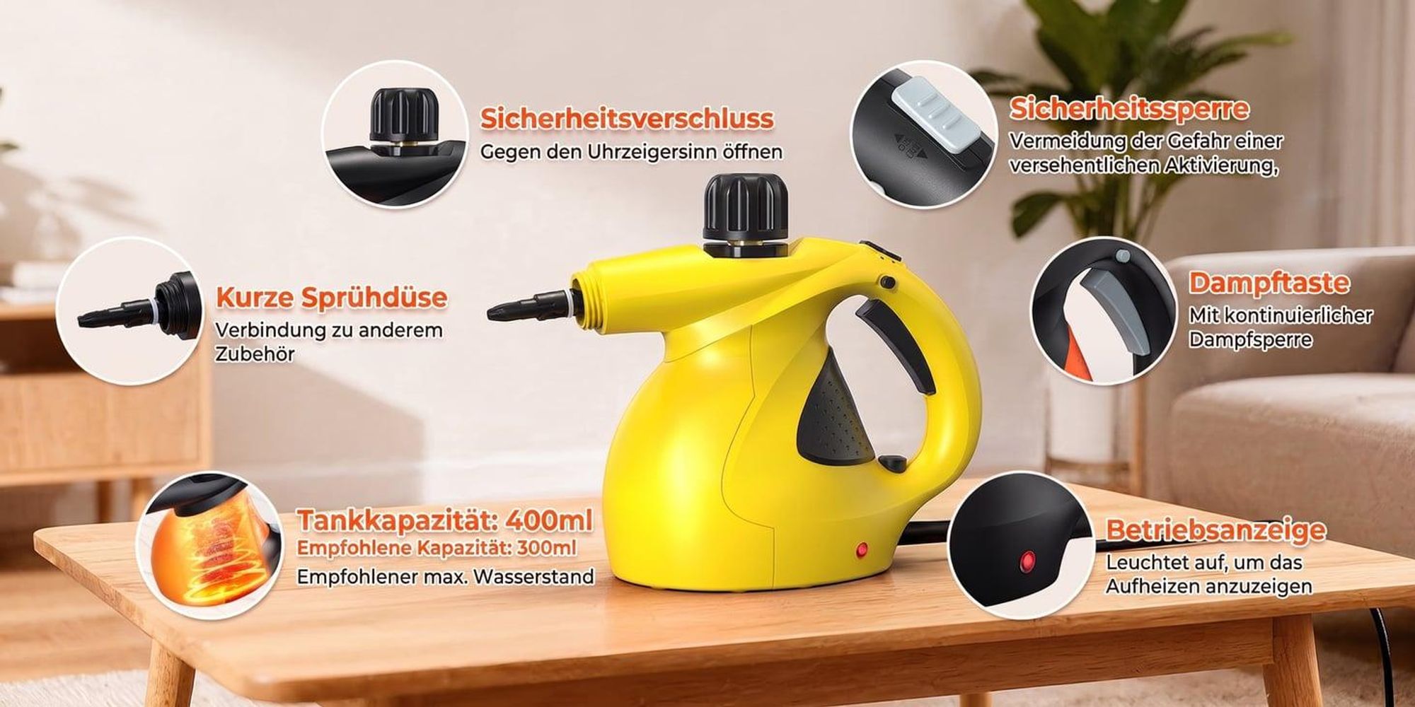 Dampfreiniger 1400W 4 Druckleisten Tragbarer Handdampfreiniger mit 9 Zubehörteilen Haushaltsdampfreiniger mit 0,4L Wassertank für Küche, Bad, Auto