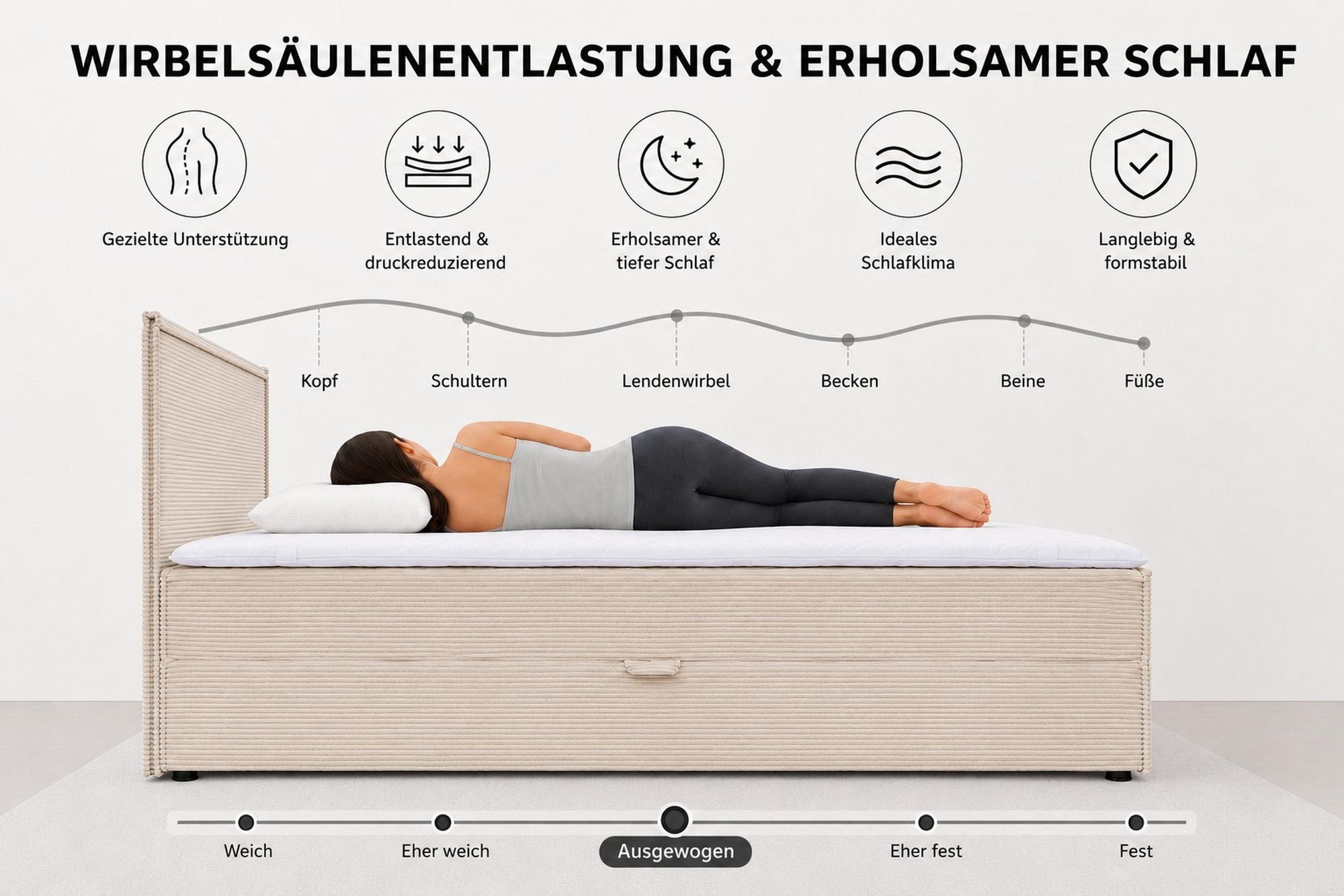 VENASI Boxspringbett 180x200 mit Bettkasten, Gloria Doppelbett Beige Cordstoff