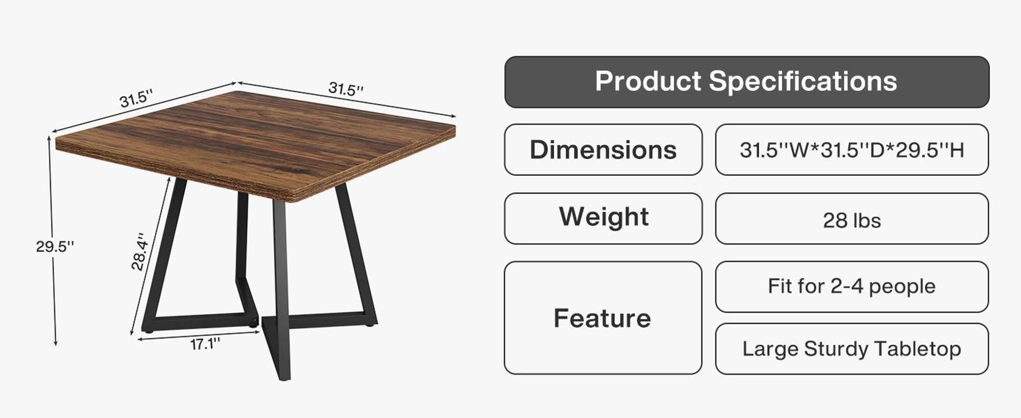 Tribesigns Esstisch küchentisch für 4 Personen, Esszimmertisch Esstisch klein mit Metallfuß Industrie-Design, Holztisch für Esszimmer, Wohnung, Braun