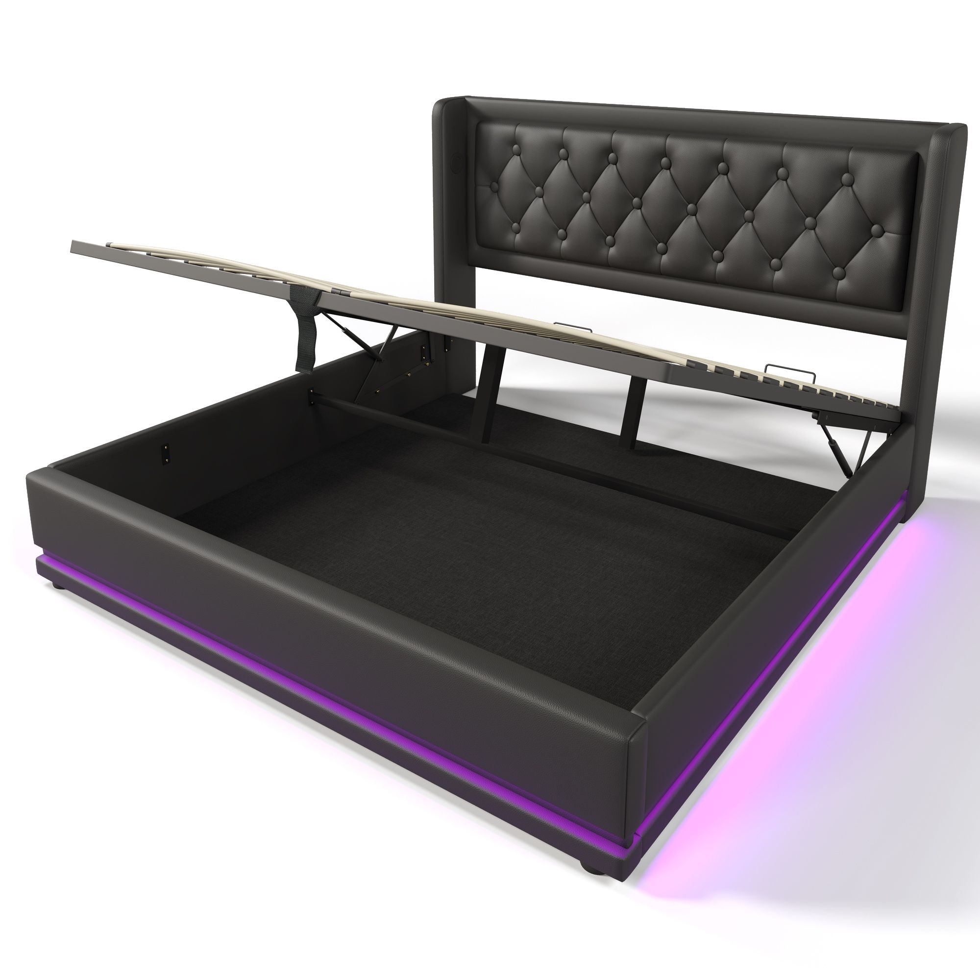 Flieks Polsterbett 180x200cm mit USB & Typ-C, Doppelbett Jugendbett mit LED, Hydraulisches Stauraumbett Boxspringbett mit Lattenrost, PU, Schwarz