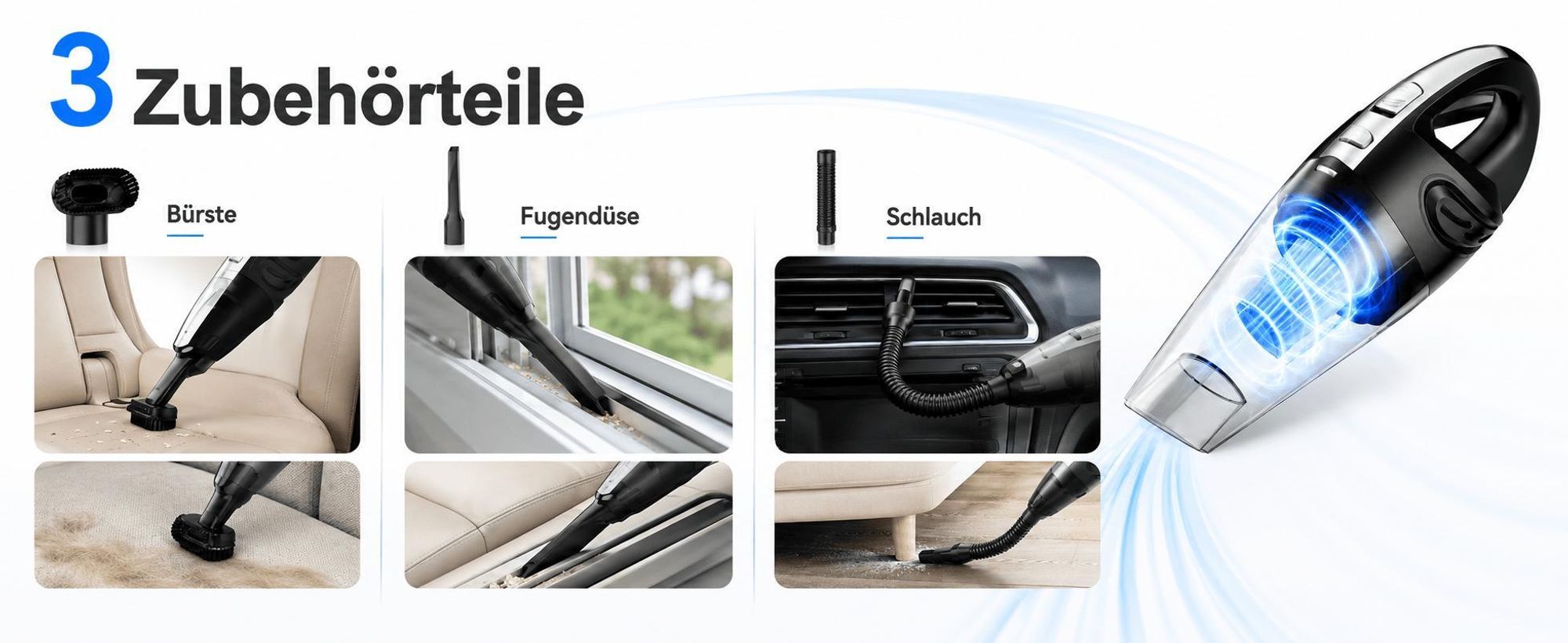 Handstaubsauger Akku 120W, Mini Staubsauger Kabellos für Auto Haushalt, Nass Trockensauger, Waschbarer HEPA Filter, USB Ladegerät, Zubehör