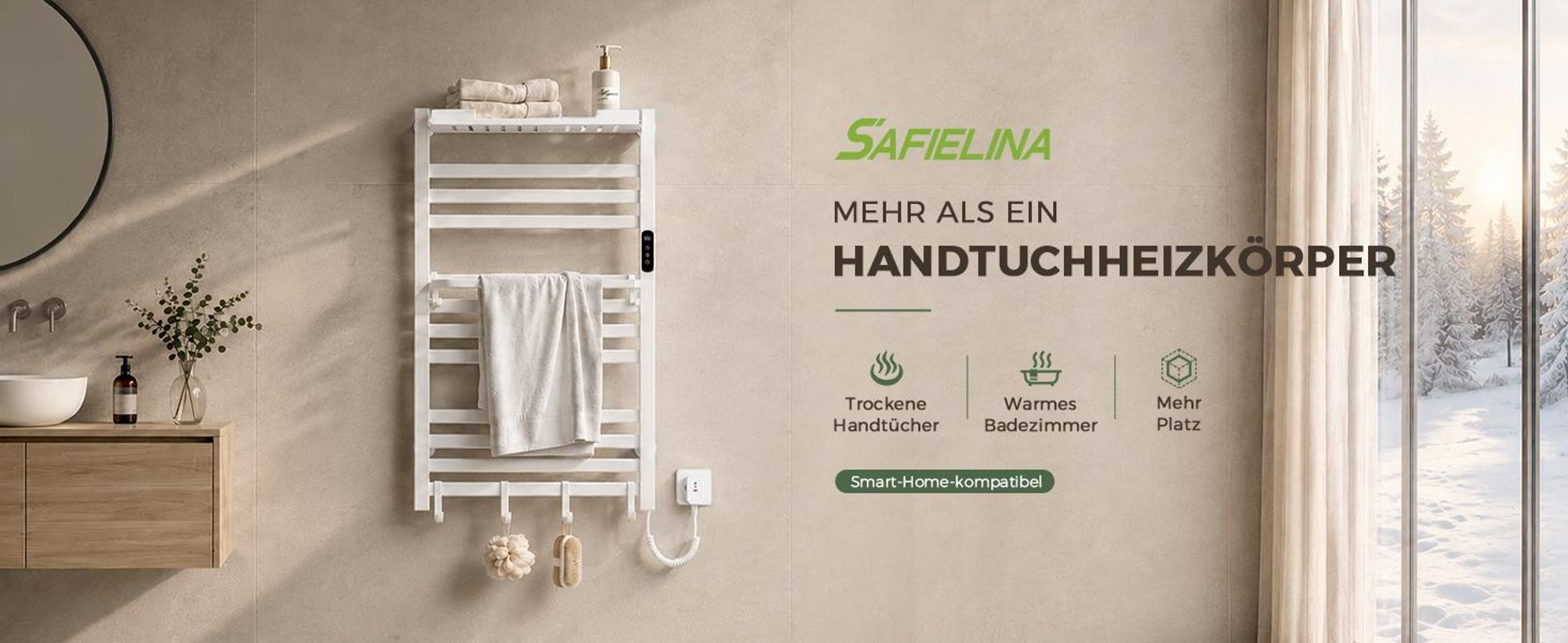 S'AFIELINA Handtuchheizkörper elektrisch mit Ablage 700×600 233W Weiß,Elektrischer Handtuchwärmer mit WLAN-App-Steuerung, Kohlefaser-Heizung
