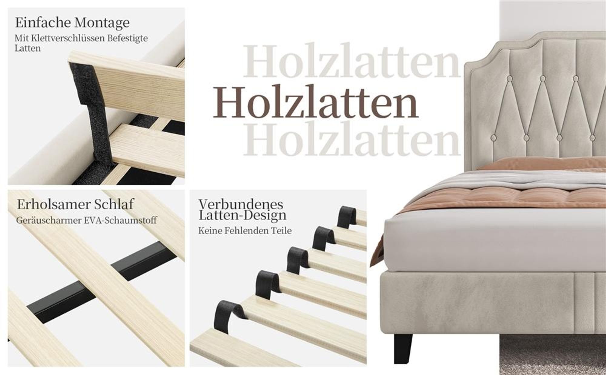 Yaheetech Polsterbett mit höhenverstellbarem Kopfteil Doppelbett 140×200cm Stoffbett Jugendbett Gepolstertes Bett Bettrahmen mit Lattenrost Beige