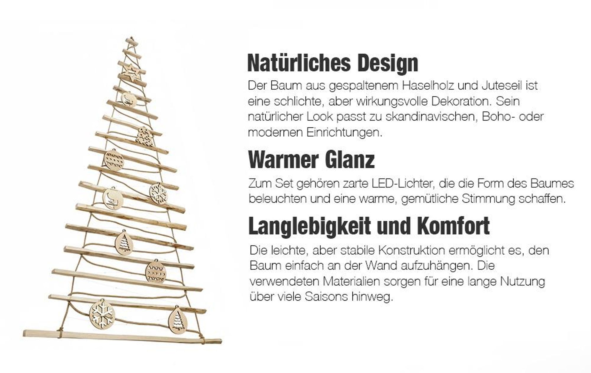 BOGATECO Handgemacht Weihnachtsbaum 205 cm hoch mit Dekorationen, aus Haselnussholz | Deko Anhänger | mit 10 m LED-Leuchten | Holzplatten verbunden mit einem Juteseil mit Einer Dicke von 6 mm