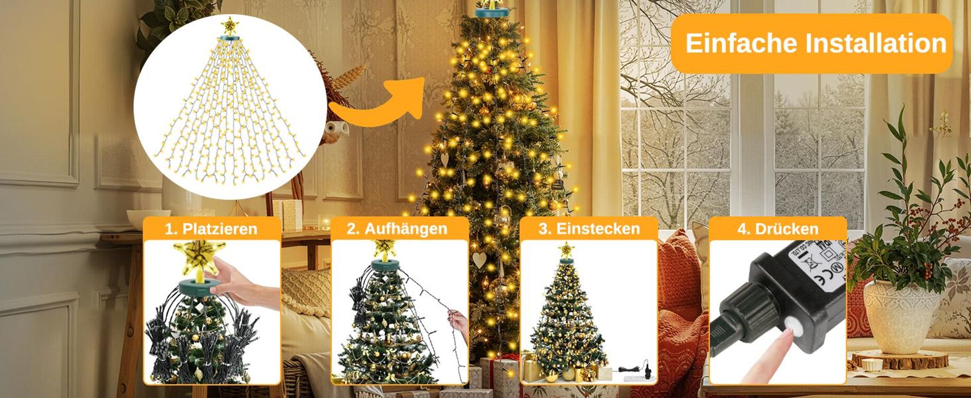 2M Weihnachtsbaum Lichterkette mit Stern 410 LED 8 Lichtmodi Christbaum Lichternetz Wasserdicht Christbaumbeleuchtung