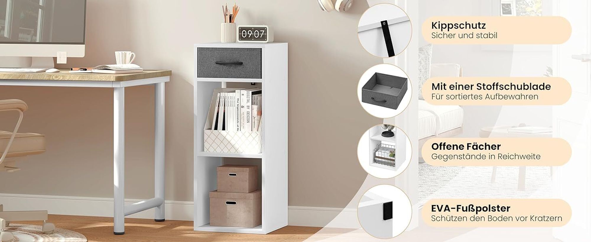 WOLTU Bücherregal mit 3 Ebenen, 1 Stoffschublade 2 Würfeln, 32,4x80x30 cm, Weiß