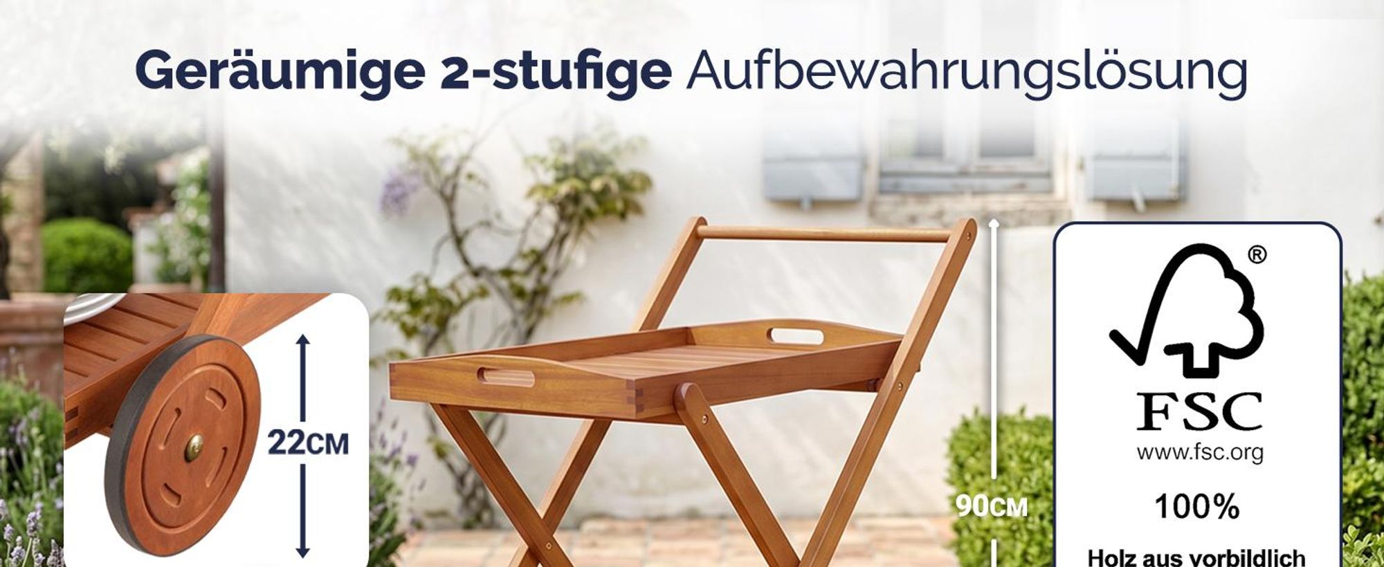 CASARIA® Servierwagen rollbar aus Akazienholz