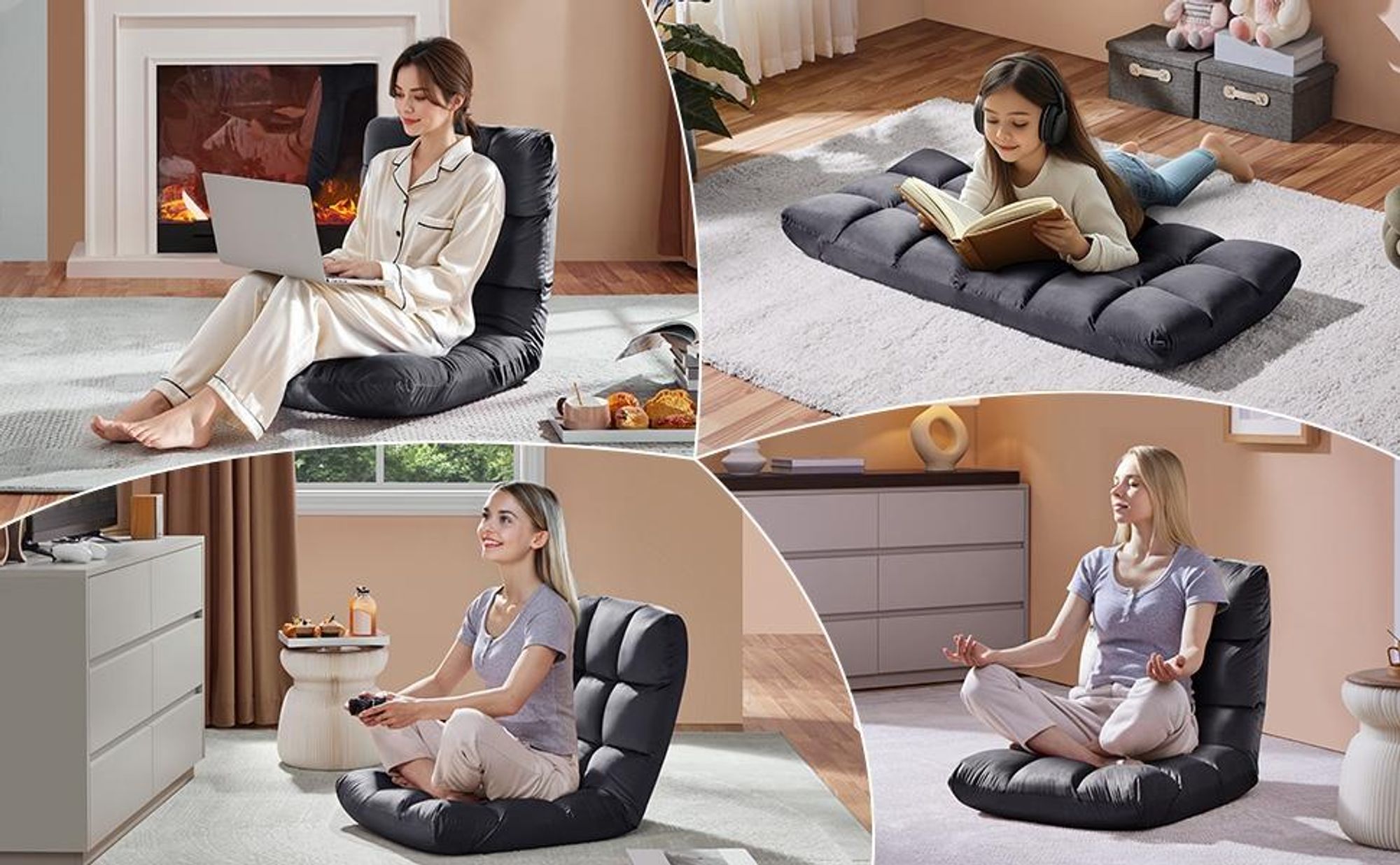 Yaheetech Bodenstuhl mit Verstellbarer Lehne, Bodenkissen mit Rückenlehne, Relaxsessel Faltbar, Meditationsstuhl, Lazy Sofa, Grau