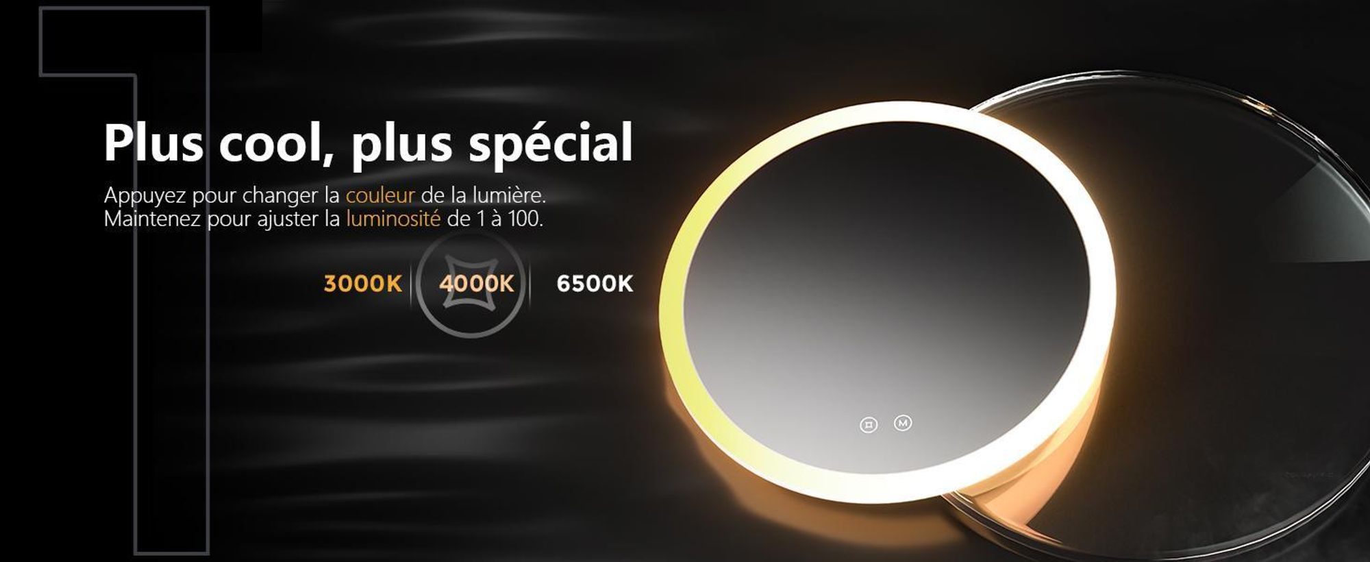 EMKE Miroir de salle de bain rond 50cm avec 3 couleurs de lumière LED + luminosité variable, interrupteur tactile Miroir de salle de bain antibuée et fonction mémoire Miroir mural