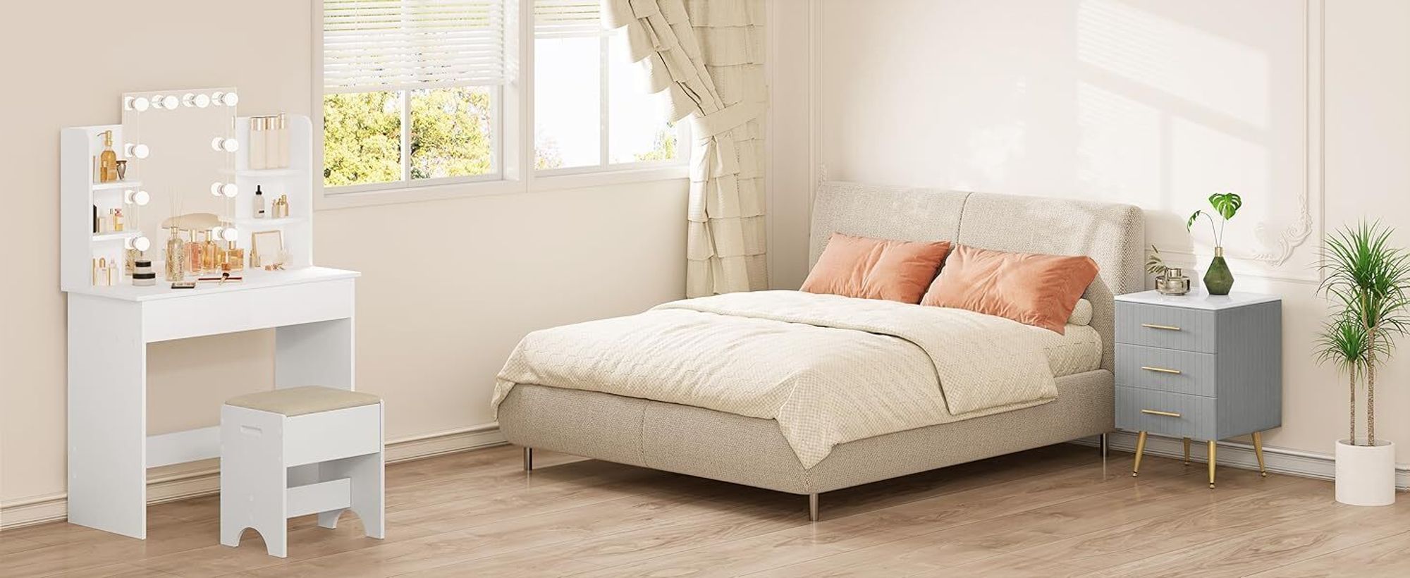 WOLTU Schminkhocker, Sitzhocker Hocker für Schminktisch, Polsterhocker mit Leinenbezug, aus Holz, Schminktischstuhl für Schlafzimmer, 150 kg belastbar, Weiß Beige