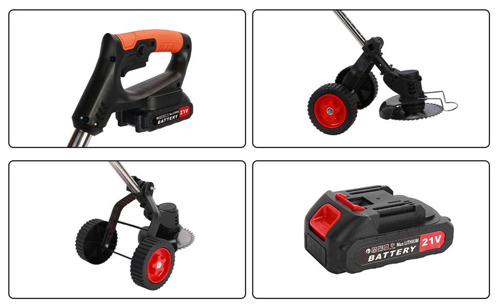 Akku Rasentrimmer, Freischneider, Motorsense, mit 2 x 2000mAh Akku und Ladegerät, Teleskop-Stiel & Zusatzhandgriff, mit Rädern
