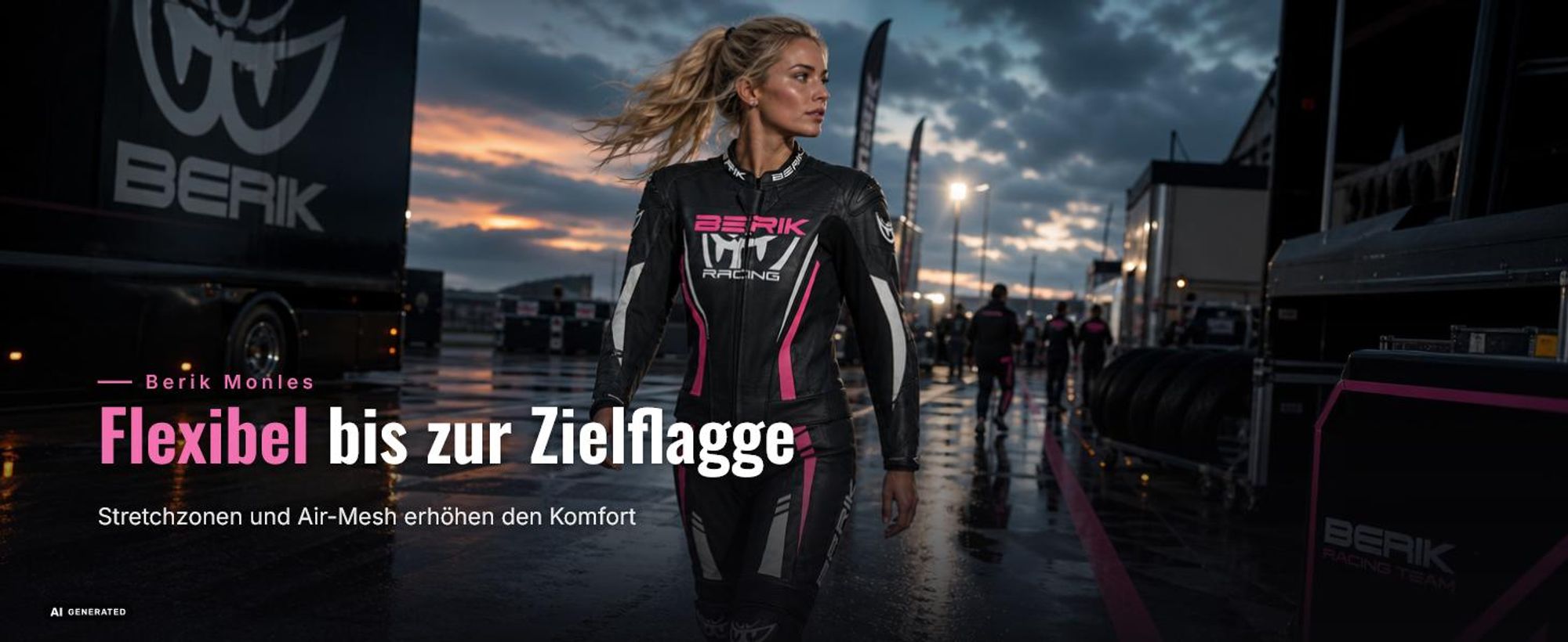 Berik Monles 2-Teiler Damen Motorrad Lederkombi, schwarz/weiß/pink, 42