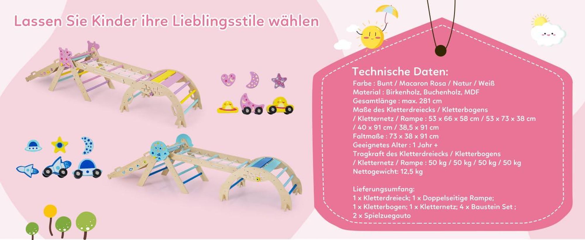 COSTWAY Klettergerüst Indoor 4er Set, klappabre Kletterdreieck mit Rutsche, Kletterbogen, Netz, doppelseitige Rampe, Baustein Set&2 Autos für Kinder1+