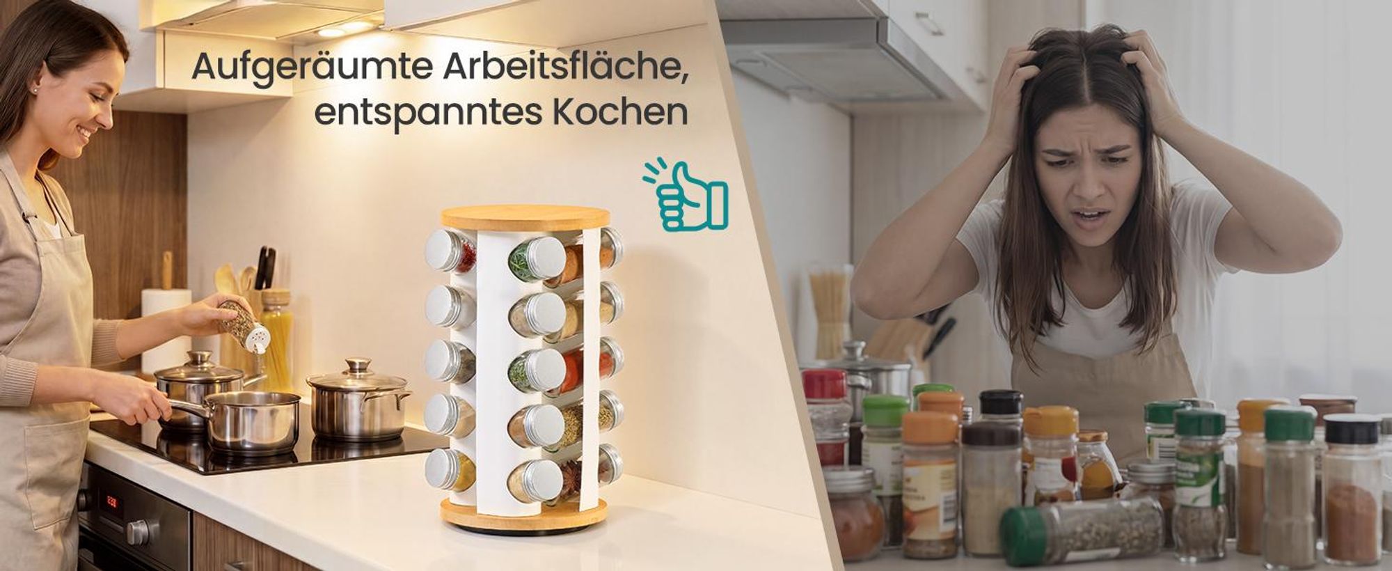 SONGMICS Gewürzregal drehbar, mit 20 Gewürzgläsern, Gewürz-Organizer, Küchenregal, mit Etiketten und Zubehör, weiß-naturfarben