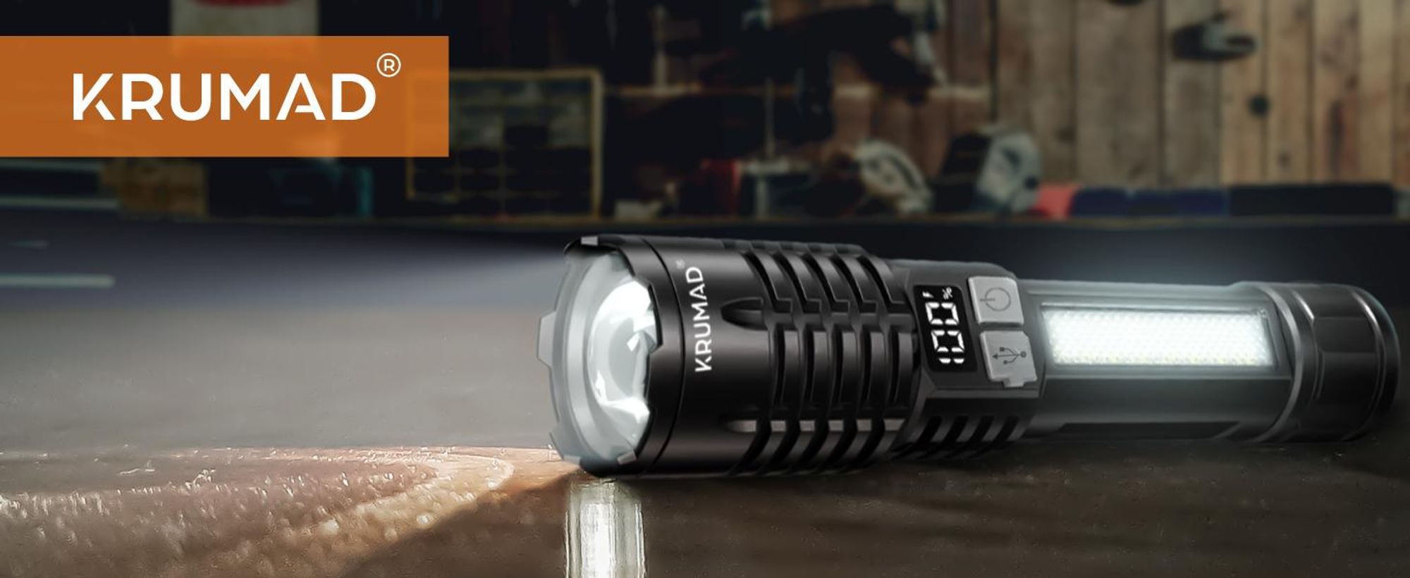 KRUMAD LED Taschenlampe Aufladbar – starke Handlampe mit COB-Seitenlicht, 5 Modi & Akkuanzeige – USB-C Taschenlampe wasserdicht für Camping & Notfälle