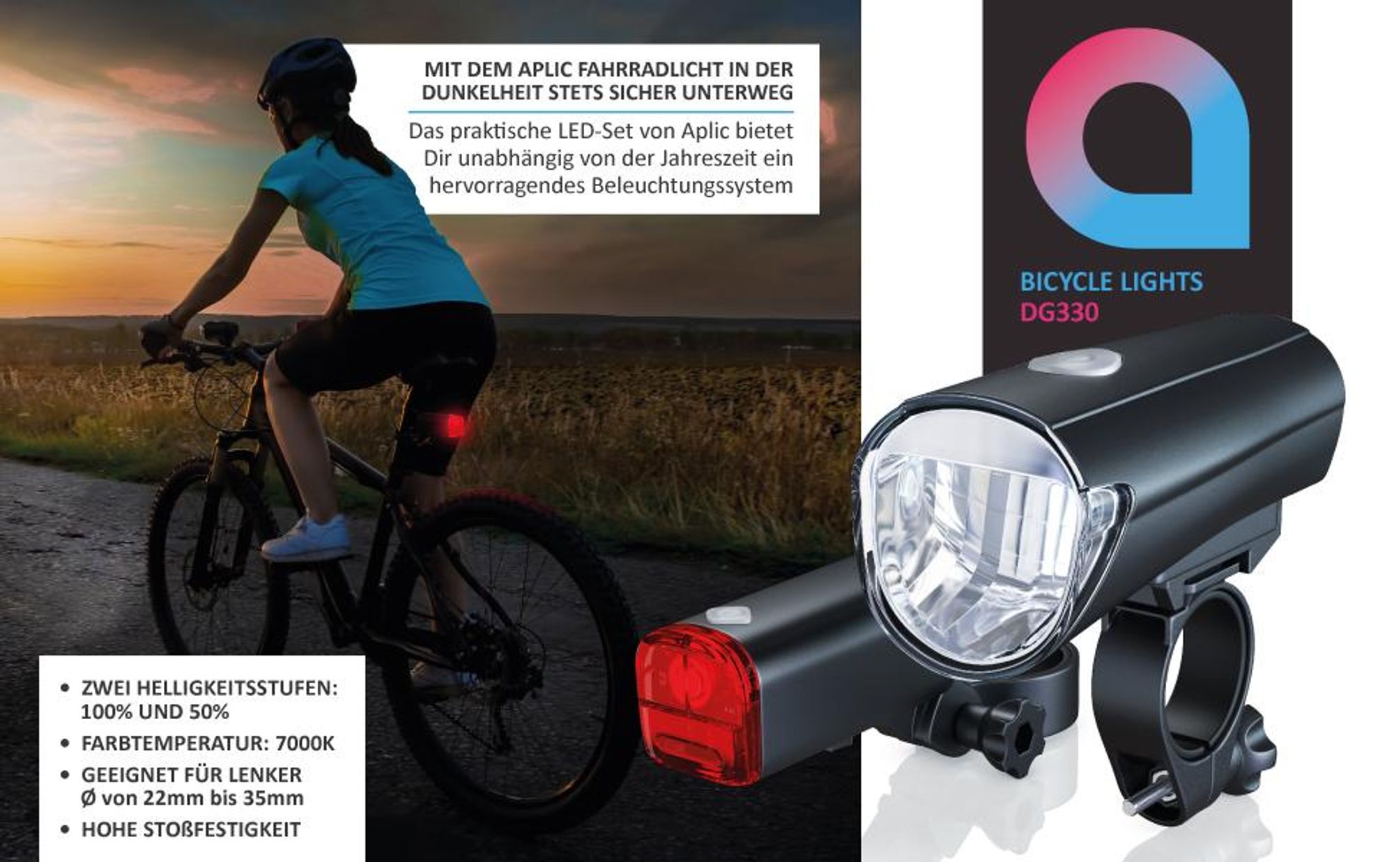 Aplic Fahrradbeleuchtung Set LED, StVZO zugelassenes Fahrradlicht mit Frontlicht 30 Lux und Rücklicht, batteriebetrieben, 2 Lichtmodi, für Lenker 22 bis 35 mm, schwarz