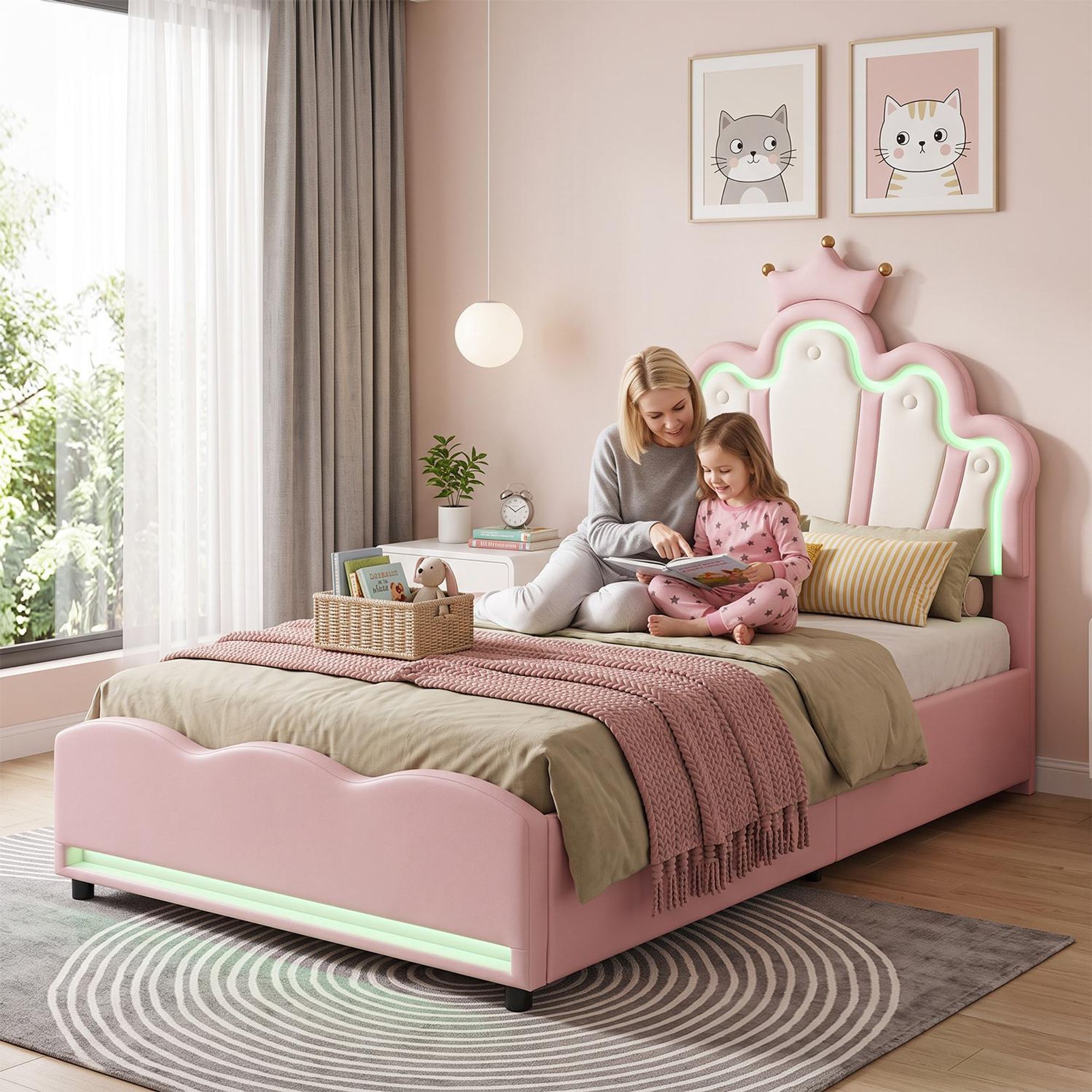 OYAJIA Kinderbett 90x200, Polsterbett für Mädchen Kronen-Doppelbett mit LED-Streifen, Hydraulischer Stauraum, aus Kunstleder Bettrahmen mit Lattenrost