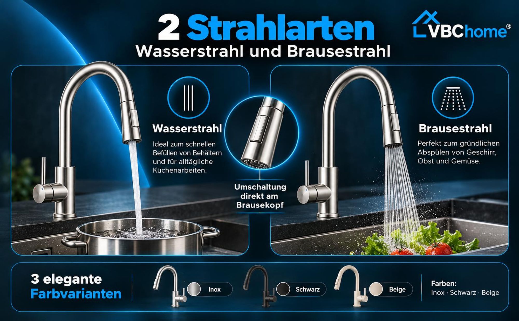 VBChome Küchenarmatur Beige mit ausziehbarer Brause 360° schwenkbar 2 Strahlarten Keramikkartusche Einhebelmischer Höhe 400 mm