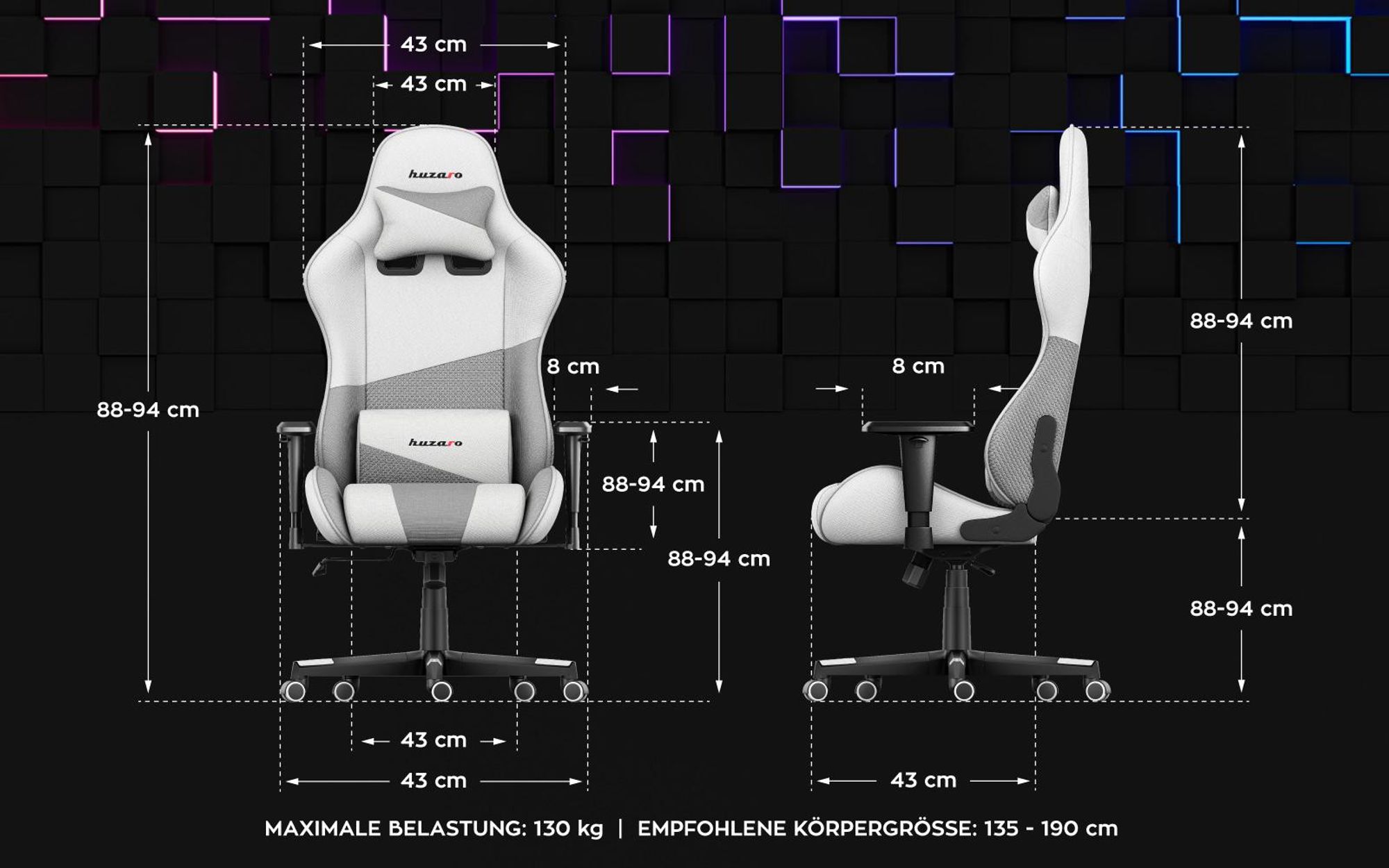 Huzaro Force 6.2 | Gaming Stuhl Bürostuhl Schreibtischstuhl Gamer Stoff | bis 130 kg belastbar | Höhenverstellbar Kopfstütze Lendenstütze | Weiß