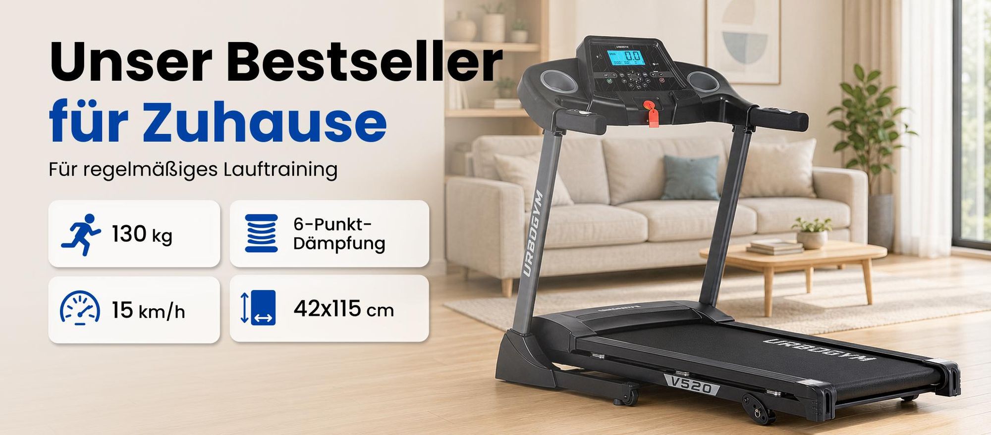 URBOGYM V520 Laufband klappbar bis 15 km/h, 1,5 PS, 12 Programme, 3 Steigungsstufen, Bluetooth, bis 130 kg