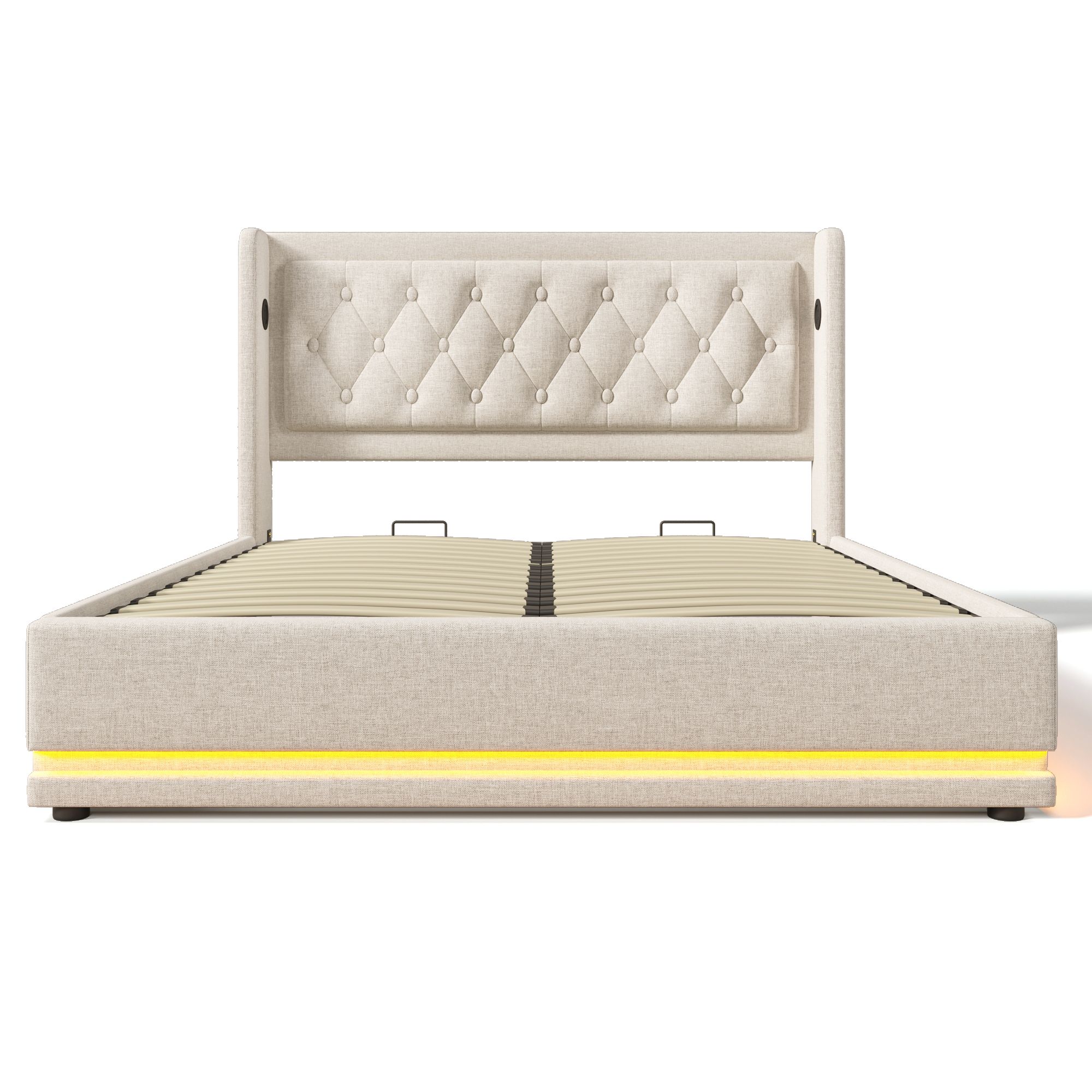 Flieks Polsterbett 160x200cm mit USB & Typ-C, Doppelbett Jugendbett mit LED, Hydraulisches Stauraumbett Boxspringbett mit Lattenrost, Baumwolle, Beige