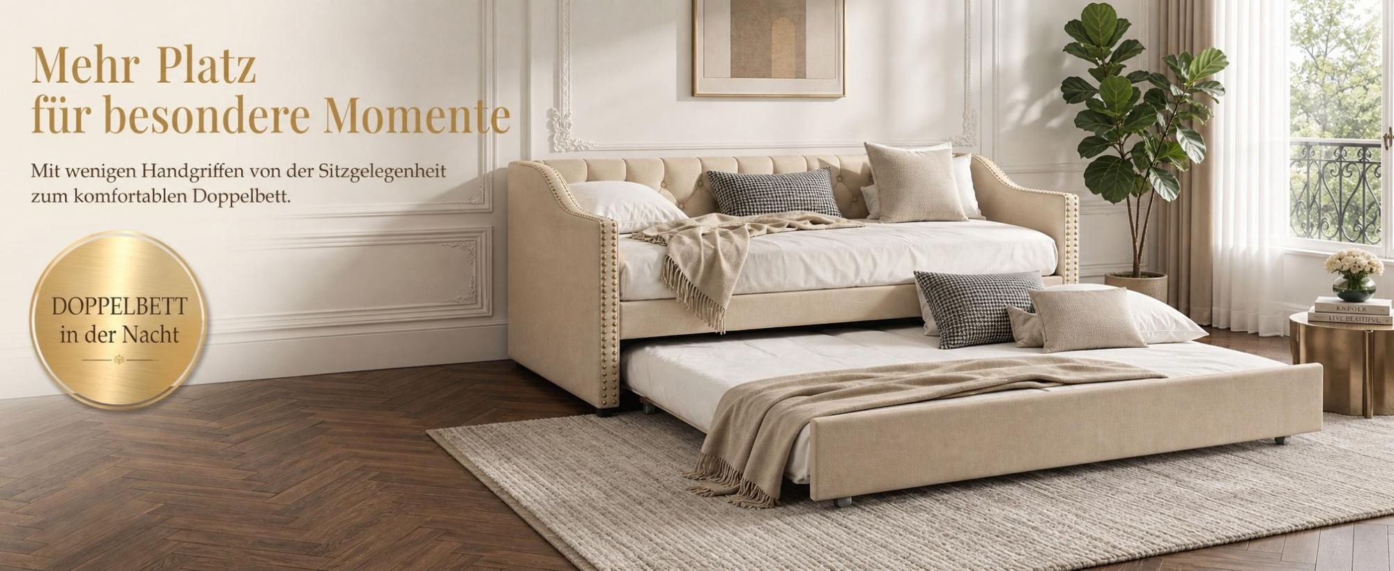 INONEFT Tagesbett Ausziehbar 90x200 cm, Schlafcouch Polsterbett Ausziehbar mit Gästebett, Schlafsofa mit Ausziehbett, Leinen, ohne Matratze,Beige