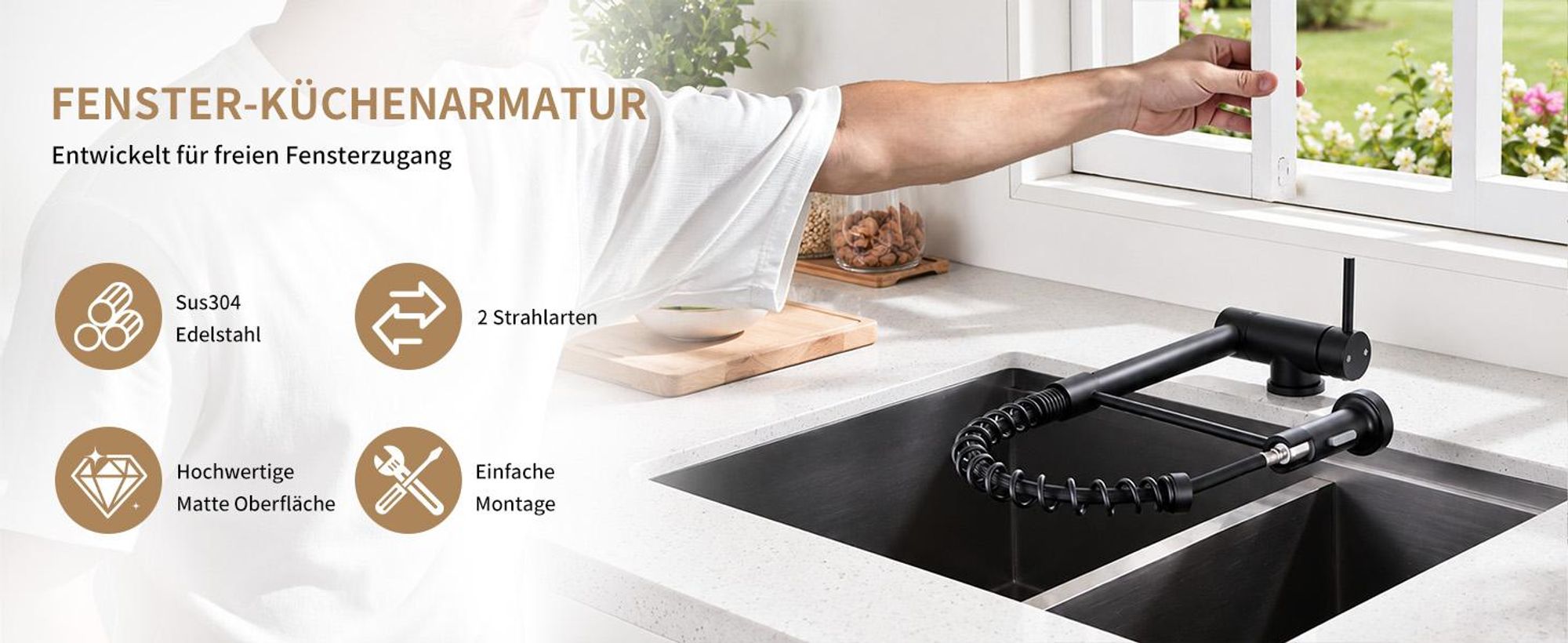 Homelody Vorfenster Küchenarmatur Klappbar, 90° Faltbar 360° Drehbare Hochdruck Edelstahl Wasserhahn Küche mit Brause Ausziehbar 2 Strahlarten Schwarz