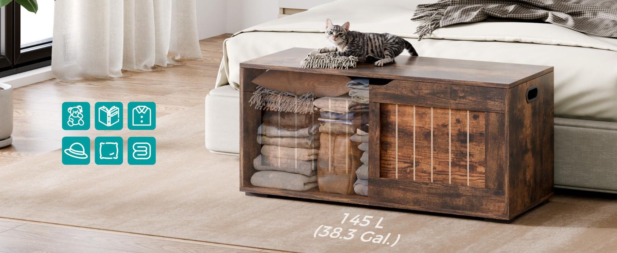 Mondeer Aufbewahrungsschrank, Aufbewahrungsbank mit 4 Rollen, Deckenbox im modernen Stil mit 2 Sicherheitsscharnieren, 100 x 49 x 40 cm, Braun