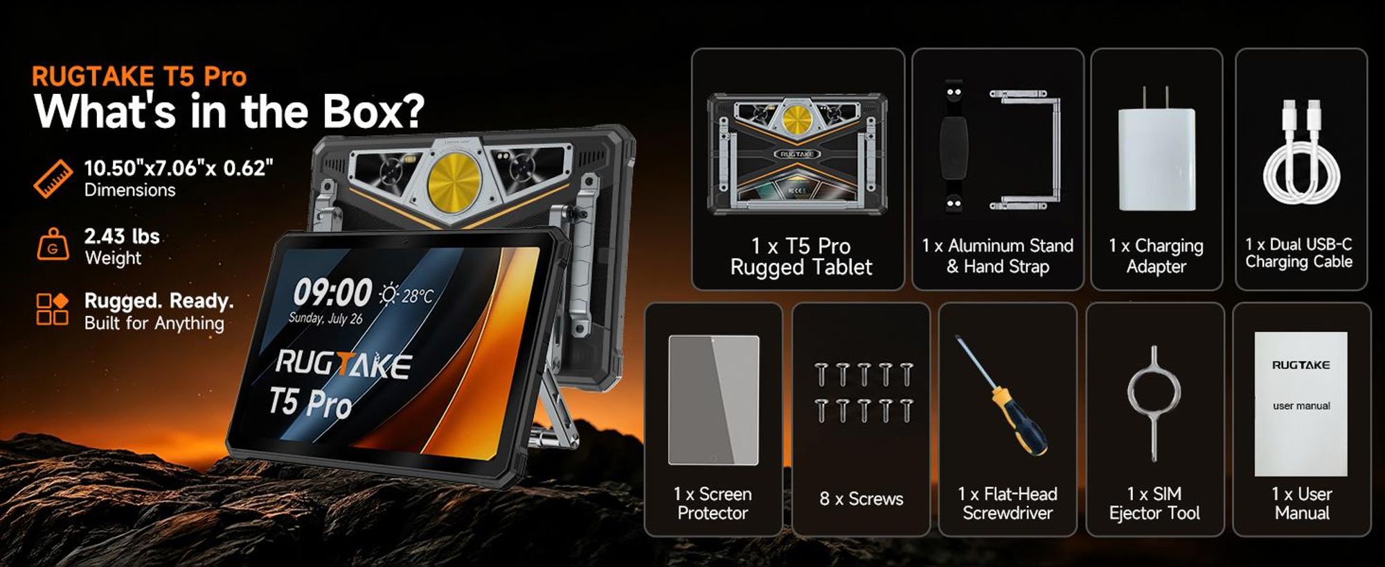 RUGTAKE T5 Pro 5G Outdoor Tablet Android 16 32GB+256GB 20080mAh, 11 Zoll 120Hz 2K IPS Tablet,64MP+20MP Nachtsichtkamera,Gemini AI/Widevine L1, Schwarz