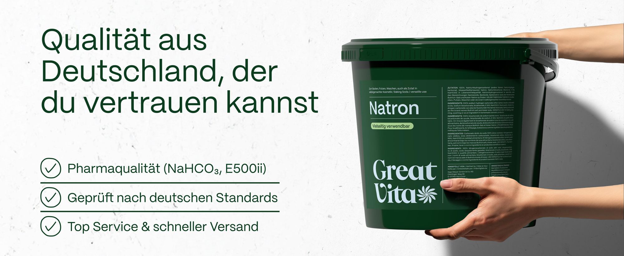 Natronsalz von GreatVita im Eimer – Pharmaqualität aus Deutschland.