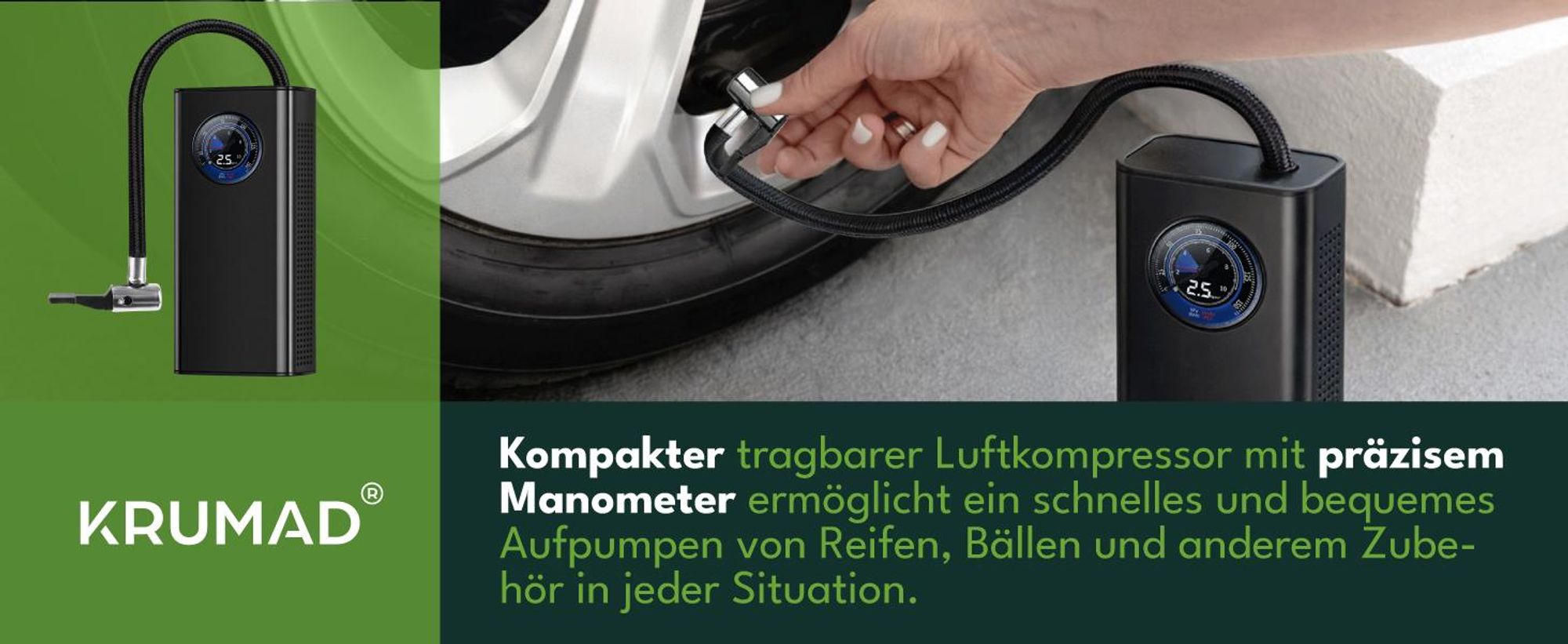 KRUMAD Elektrische Luftpumpe Akku mit Manometer, Mini Kompressor für Auto Fahrrad Motorrad Bälle, USB Reifenpumpe Tragbar