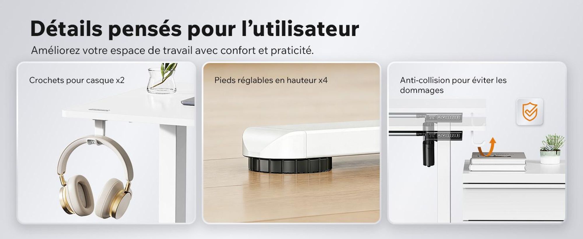 SENSE7 NOJO Light : piètement de bureau électrique réglable en hauteur | 72-118 cm, fonction mémoire, support pour casque, charge max. 70 kg, piètement en acier