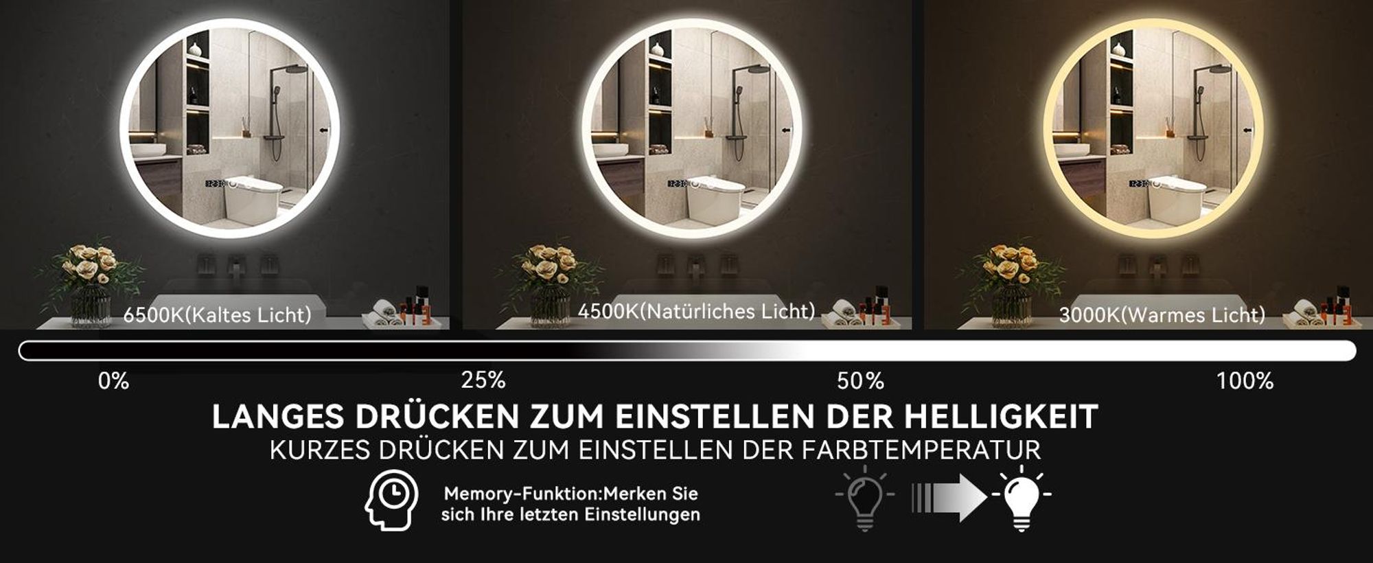 Puluomis Badspiegel beschlagfrei 70cm mit Uhr Temperatur, 3 Farbe dimmbare Helligkeit LED Beleuchtung,Badezimmerspiegel 6500k spritzwassergeschützt