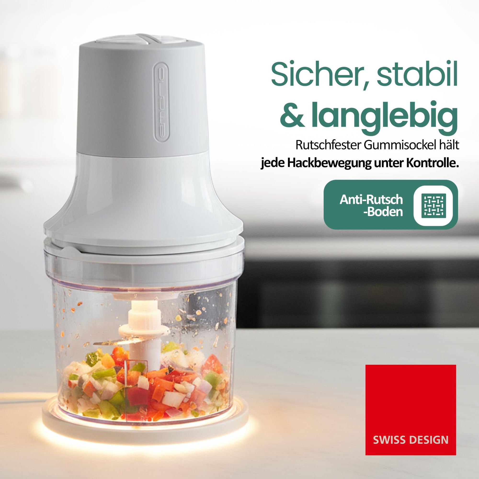 Emerio Zerkleinerer 260 W – 500 ml – 2 Stufen – Kunststoffbehälter – 4 Edelstahlmesser – rutschfeste Füße – Kabelaufbewahrung – MC-122649.2