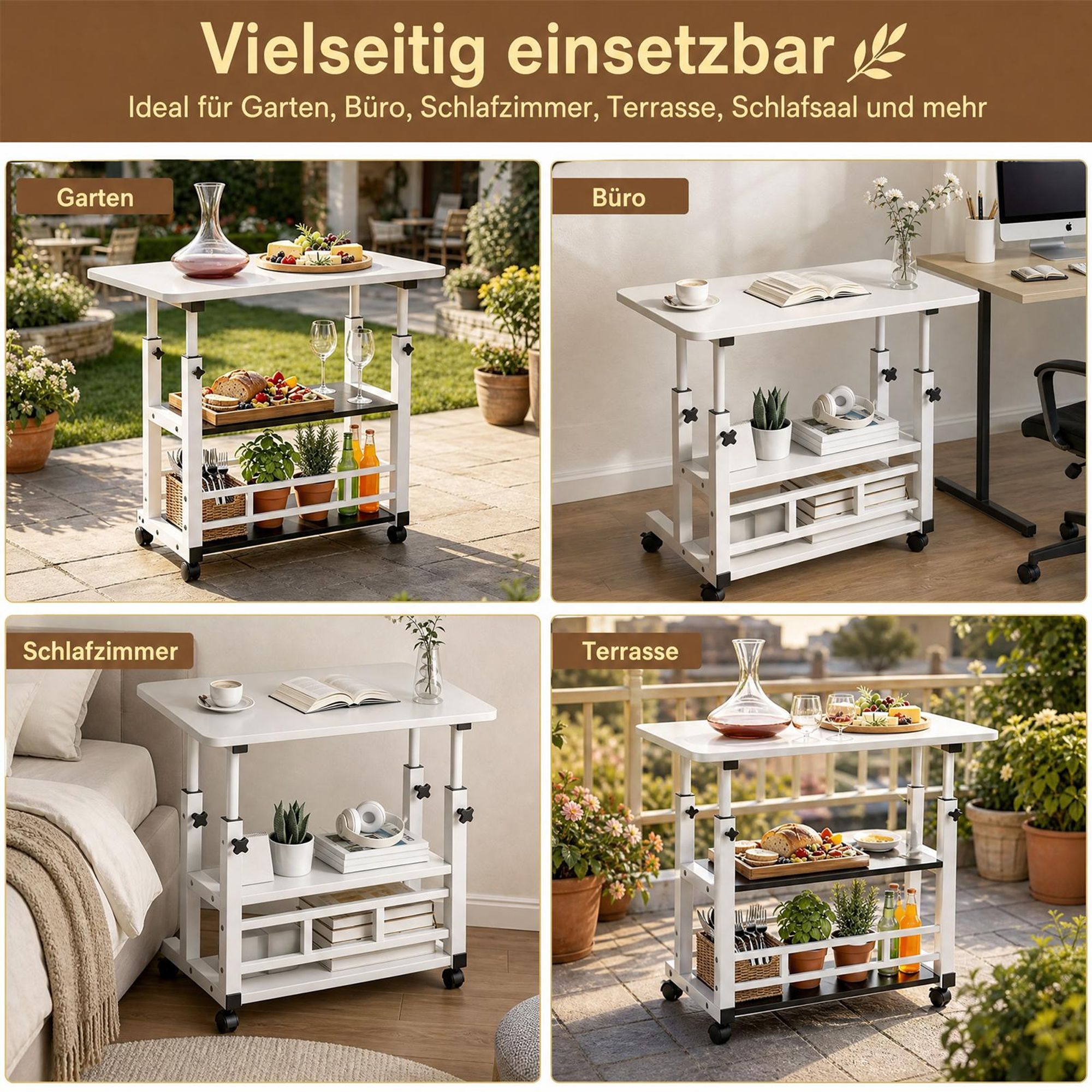 Laptoptisch Höhenverstellbarer mit Rollen & Ablagen, PC Tisch Computerwagen Stehtisch Couchtisch Beistelltisch, 63-90 x 80 x 40cm
