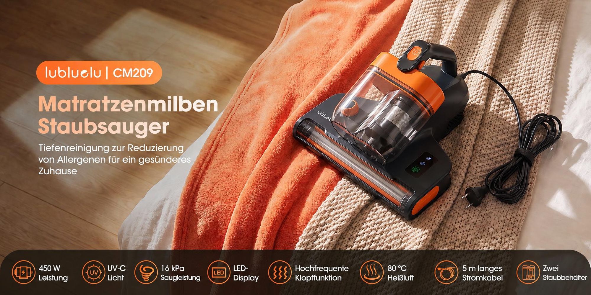 Lubluelu CM209 Milbensauger Handstaubsauger für Matratzen 16 kPa, 450 W LED-Staubsensor, 80 °C Warmluft, UV-C-Licht, 65.000 Schläge/min & HEPA-Filter
