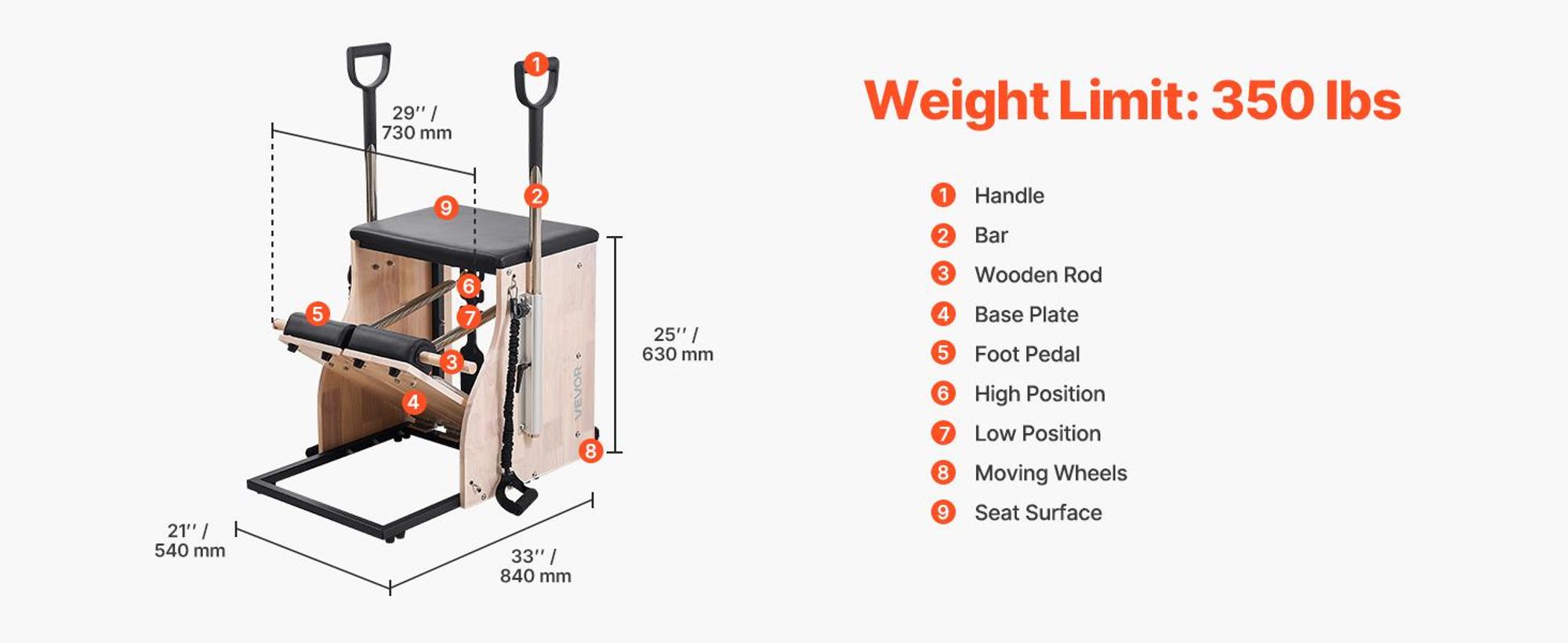 VEVOR Pilatesstuhl, Split-Pedal Stabilitätskombinationsstühle mit Griffen, Gummiholzrahmen Yoga Fitness Trainer, Übungsreformer, Pilates Widerstands-Workout-Ausrüstung, für das Home Gym Studio Workout