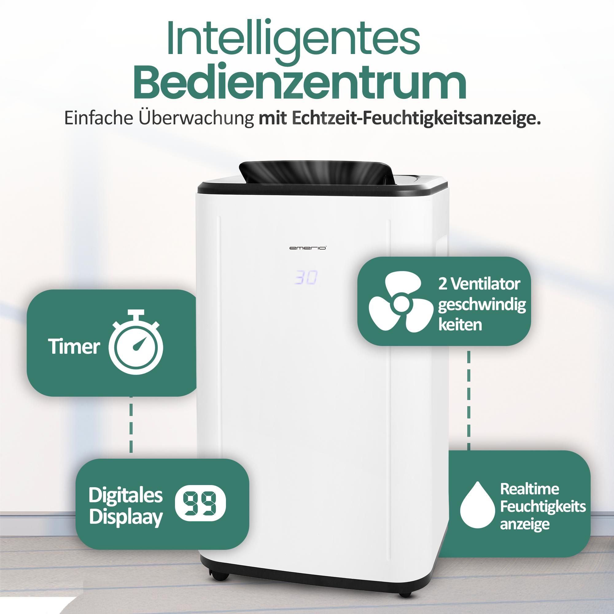 Emerio Luftentfeuchter – 30L/Tag – 60 m² – 6L-Wassertank – Automatische Abschaltung – Wasser-voll-Alarm – Wäschetrocknungsfunktion – 54 dB – DH-129238