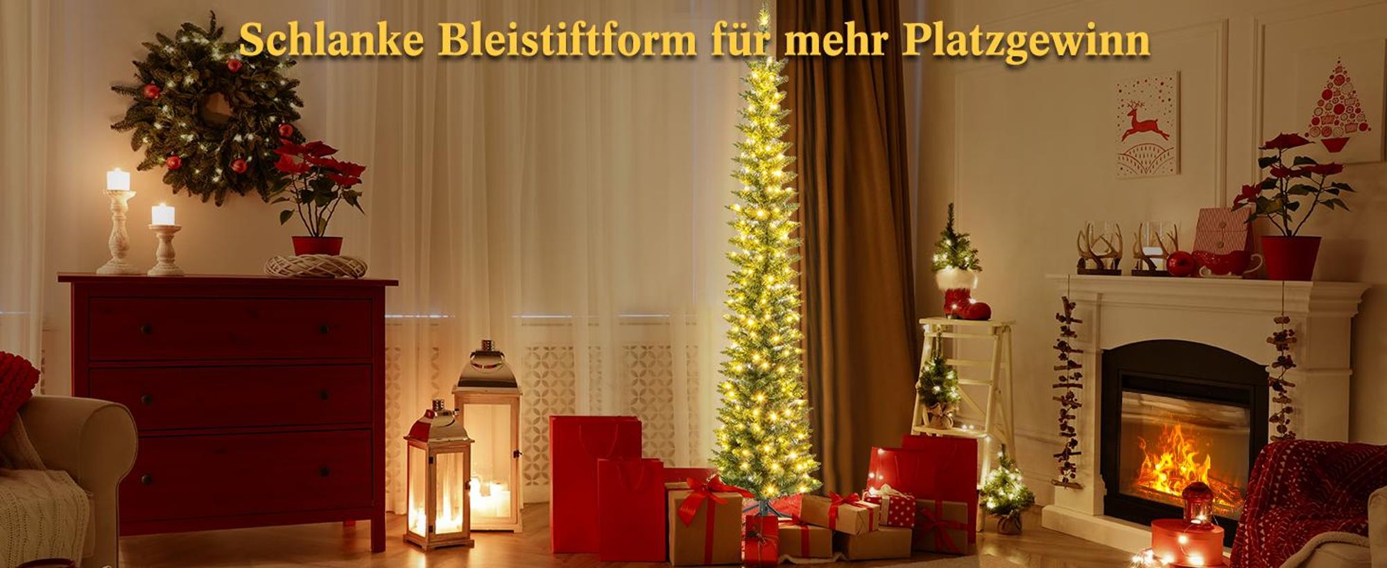 COSTWAY 180cm künstlicher Weihnachtsbaum Bleistift, Tannenbaum mit Beleuchtung, LEDs in Warmweiß, schlanker Christbaum für Weihnachten, Kunstbaum mit Metallständer, Grün