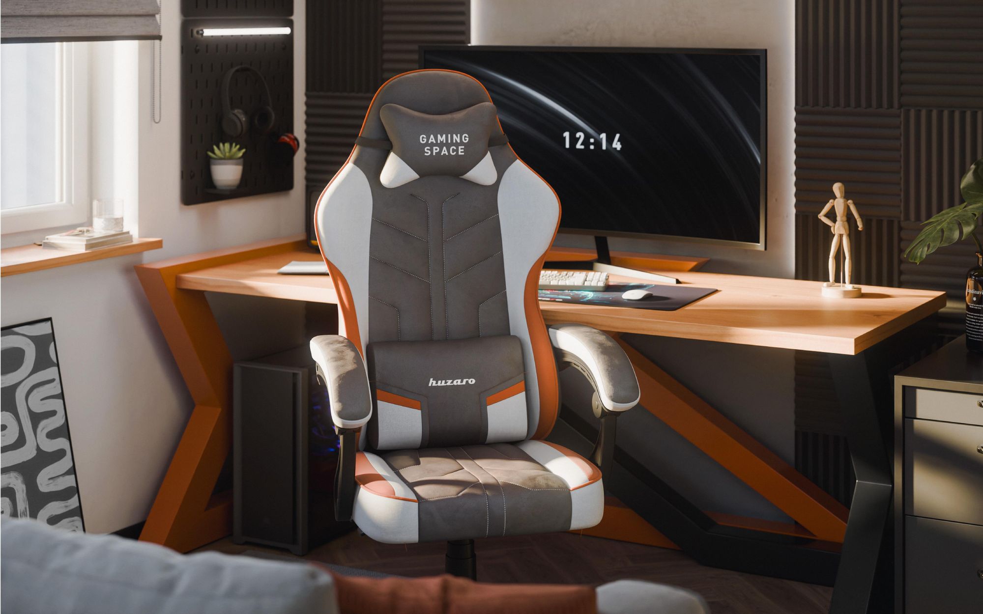 Gaming Stuhl Huzaro Force 2.7 Grey – ergonomischer Velours Drehstuhl mit verstellbarer Rückenlehne, Lendenkissen und Kopfstütze, bis 140 kg